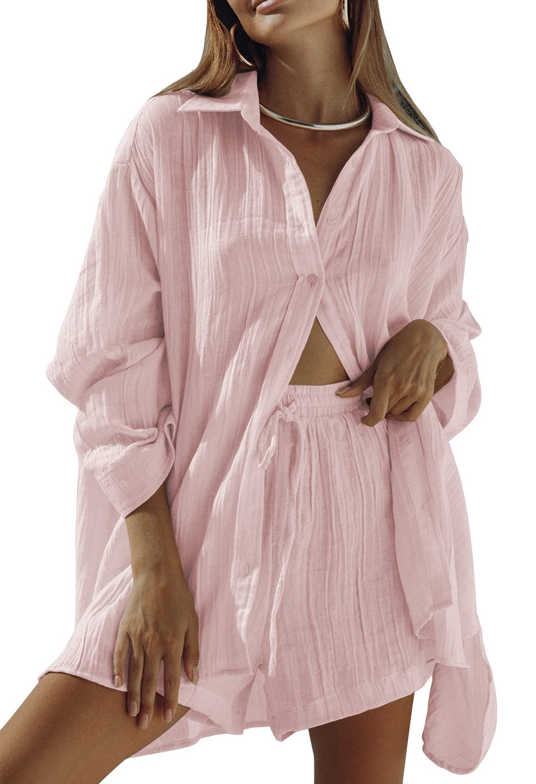 Linsery 2 Piece Summer Outfits Button Down Shirt Top and Shorts Casual Lounge Sets