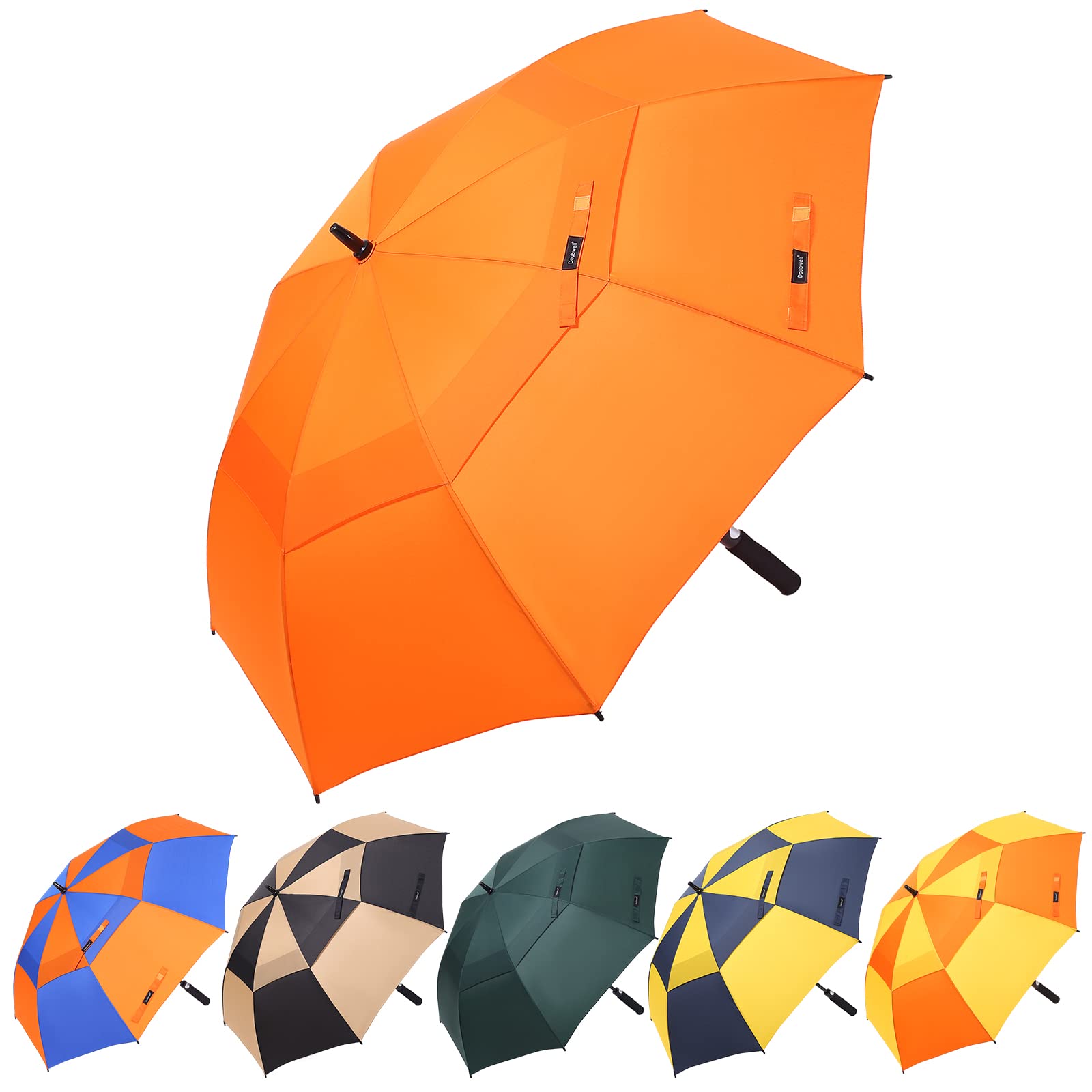 Doubwell Vented Golf Umbrella 54/62/68 Inch Automatic Extra Large Windproof Oversize Stick Rain Umbrellas For Man and Woman Can Shade For Golfer And Family (Orange, 62 Inch)