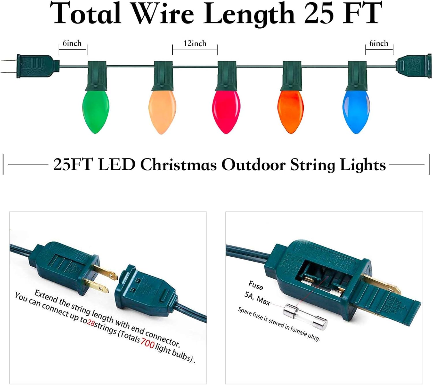 C7 LED Christmas String Lights,Vintage 25Ft Outdoor Multicolor String Lights with 27 Energy-Efficient Waterproof Glass LED Bulbs for Christmas Backyard Carnival,Patio,Wedding,Holiday Decoration.