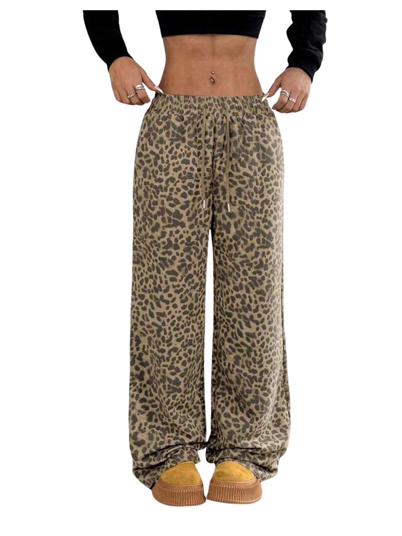 Floerns Womens Y2k Leopard Print Pants Drawstring Waist Wide Leg Loose Trousers