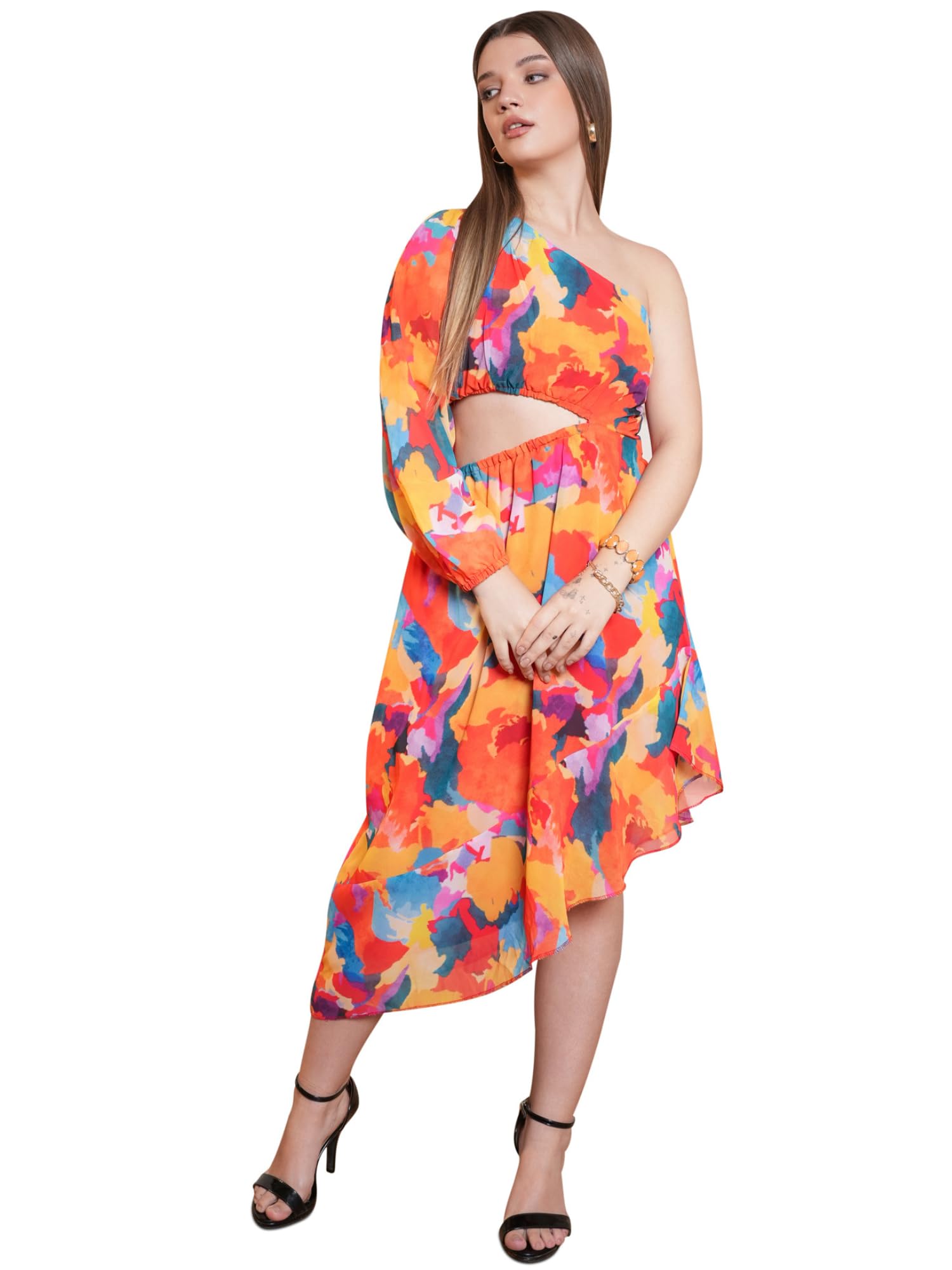 Purvaja Womens One Shoulder Below Knee Length Dress (Floe-032_Orange_Small)