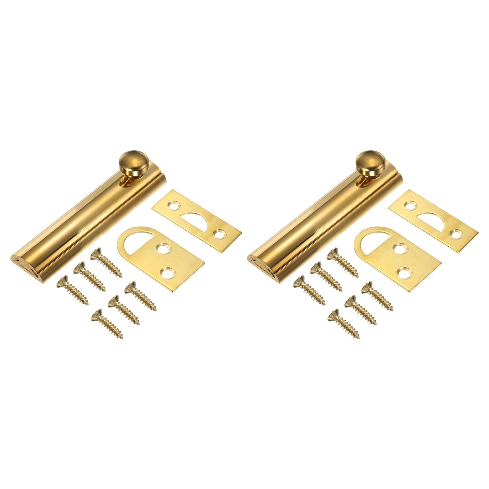 sourcing map 2Pcs 3" Solid Brass Surface Bolt, Concealed Security Slide Latch Door Lock with Screws, Polished French Door Lock for Closet Cabinet Recessed Doors, Brass Tone