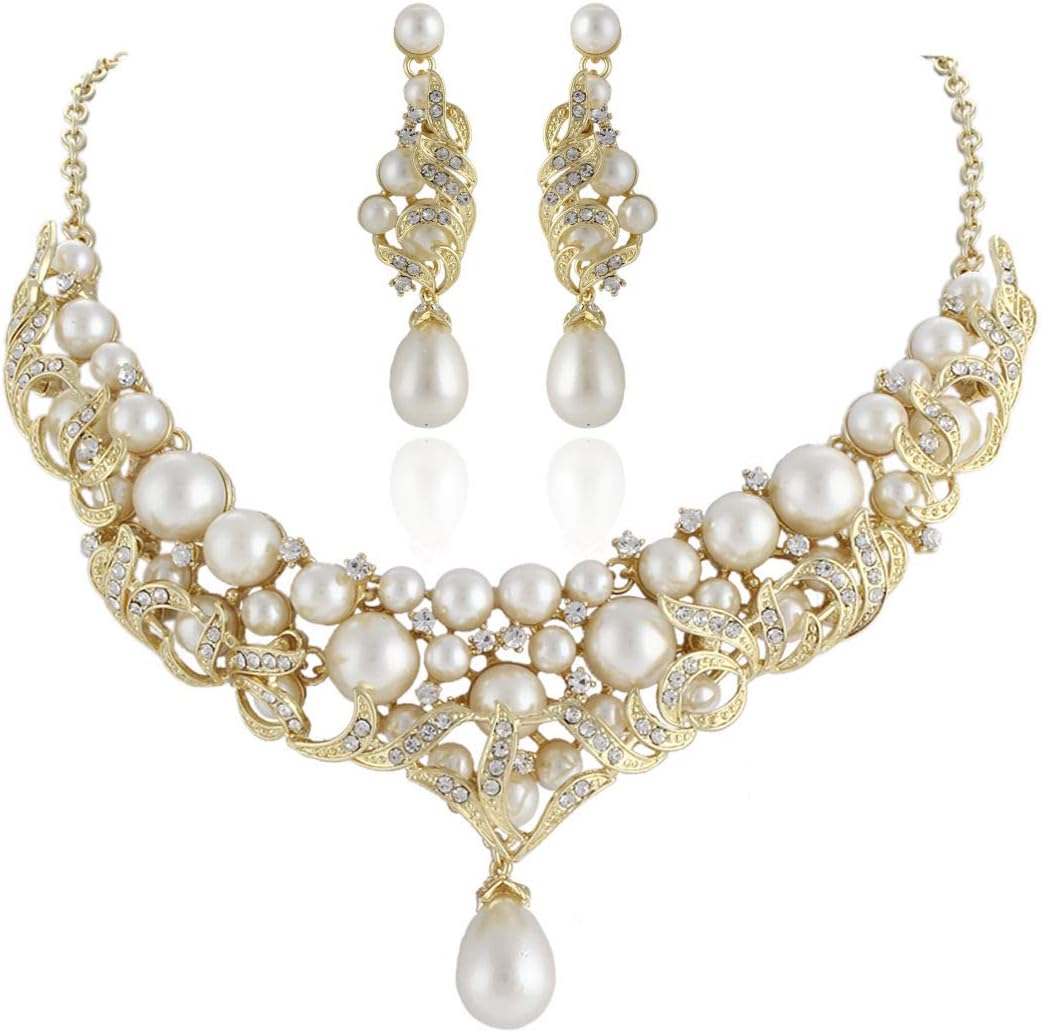 Victorian Style Pearl Austrian Rhinestone Necklace Earrings Set Bridal N1773g Gold