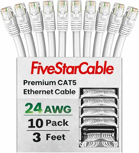 FiveStarCable 10 Pack Snagless Short Cat 5e Ethernet Cable - 3 Ft, High-Speed In