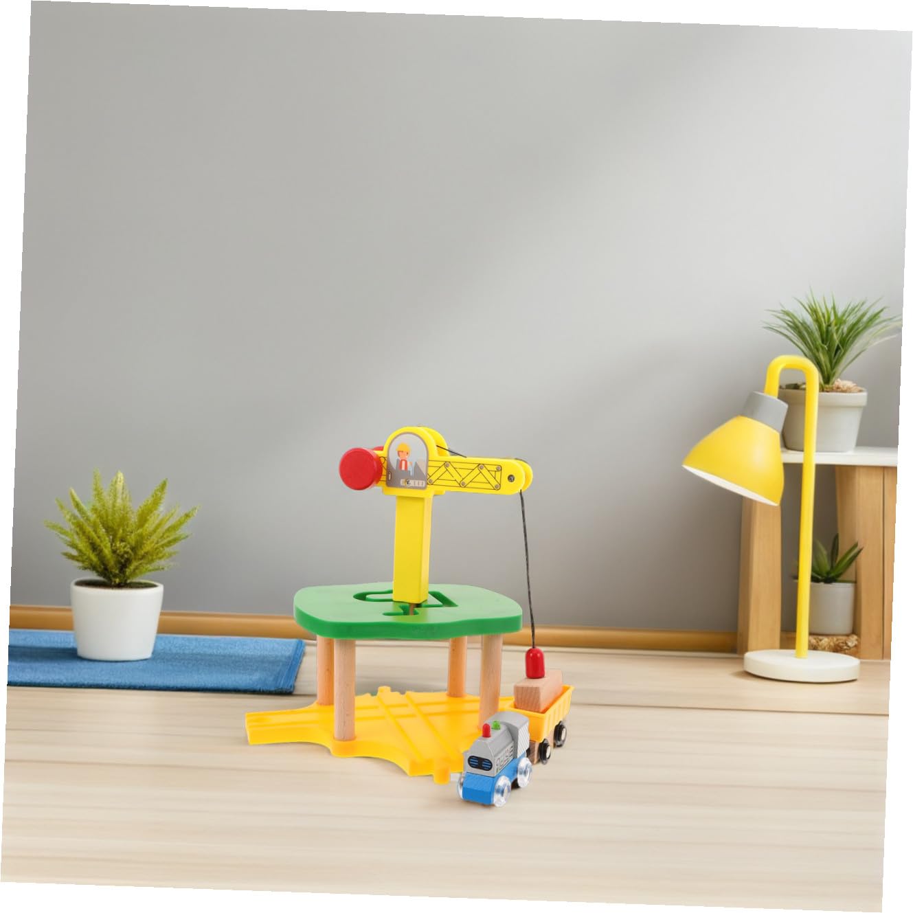 Gatuida 1 set di treni gru in legno per bambini con motore di ispezione di simulazione, accessori di espansione per binari ferroviari gru fai da te