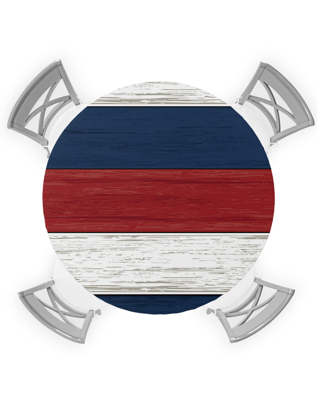 Hokiten Navy Blue Red White Round Fitted Tablecloth with Elastic Edge, Outdoor Table Cloth Waterproof, Farmhouse Wooden Striped Patio Table Covers for Parties Decor Fits Tables up 55