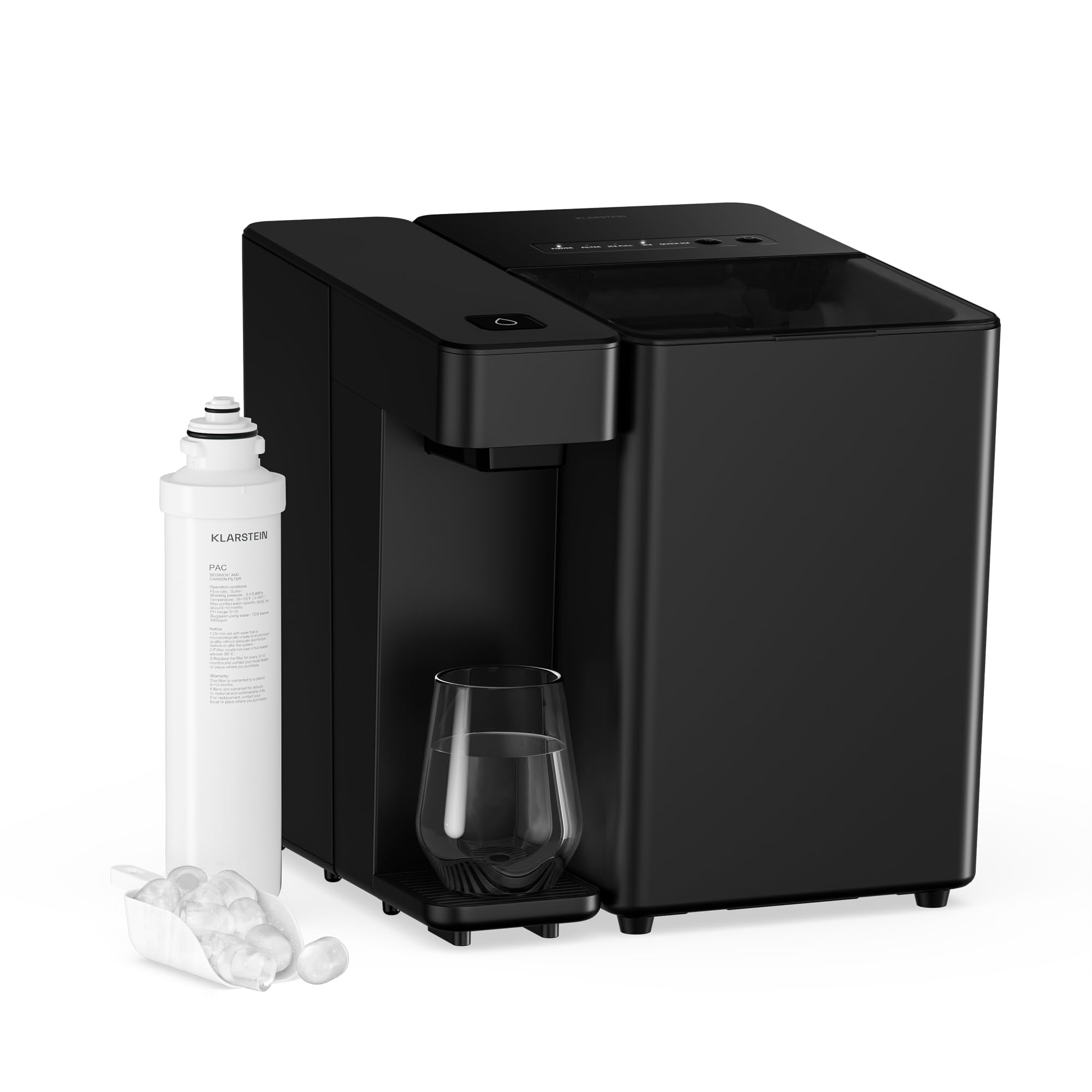 Klarstein Velaire Macchina Ghiaccio & Dispenser Acqua - Filtro PAC, 2L, 10kg/​24h, Cubetti Grandi/​Piccoli, Touch Panel, Allarme Filtro, Casa & Ufficio