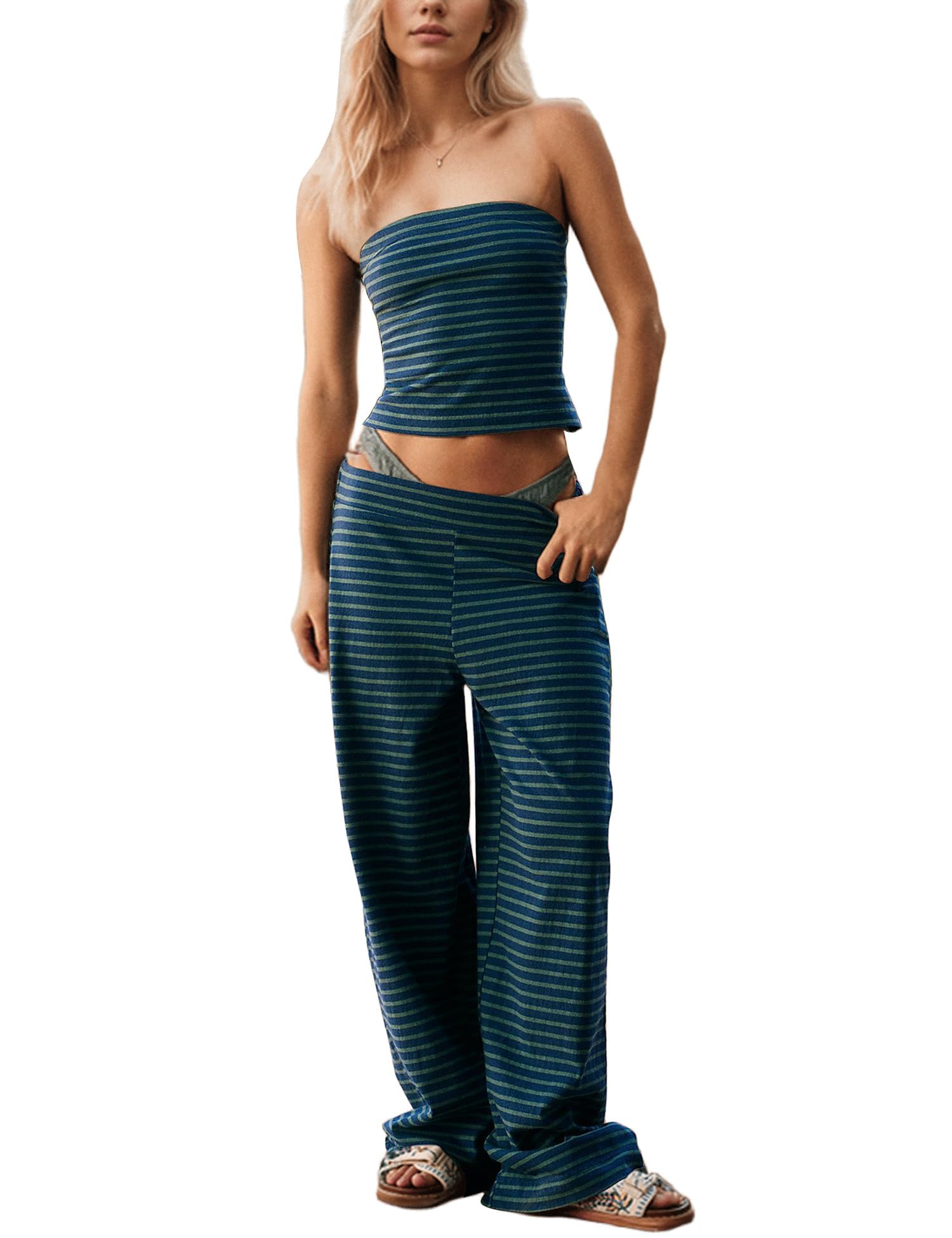 MSBESYOR Women Sailor Tube Top Set 2 Piece Outfits Striped Strapless Bandeau Low Waist Wide-Leg Pants Lounge Sets