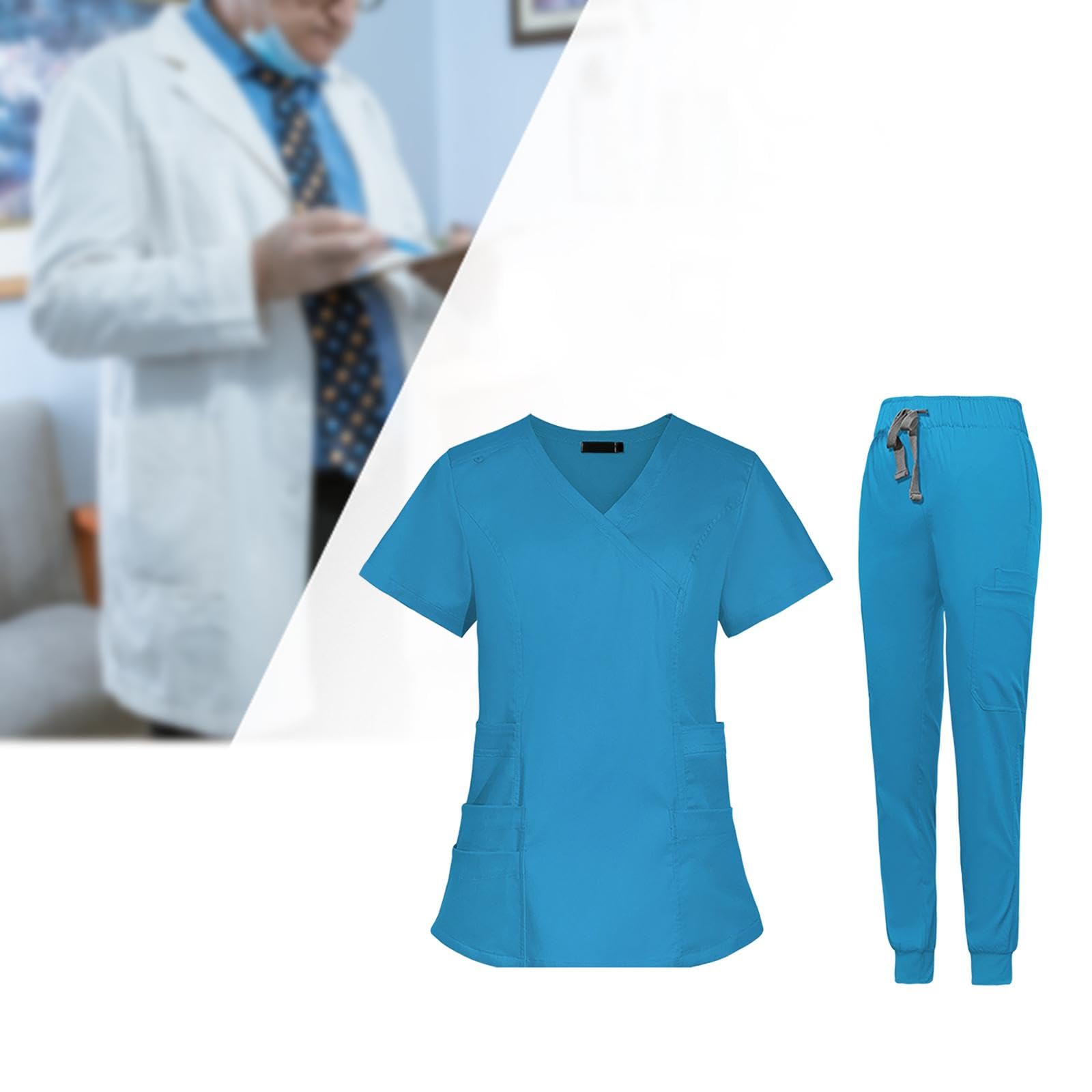 Colcolo Pflegeuniform Damen Kasack Jogginghose Set Arbeitskleidung V Ausschnitt Kurzarm Oberteil Mehrfachtaschen Elastischer Bund Atmungsaktiv Fü, Blau, l