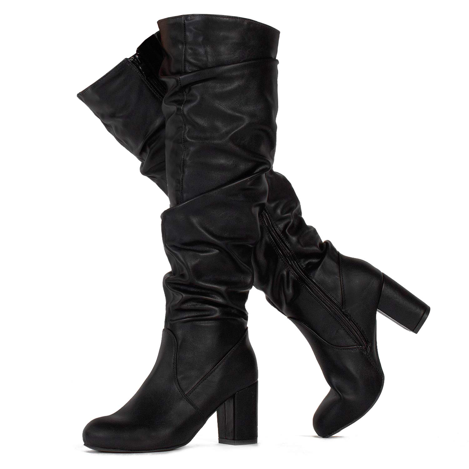 Women's Fitted Calf Chunky Heel Slouchy Knee High Dress Boot (Medium Calf)