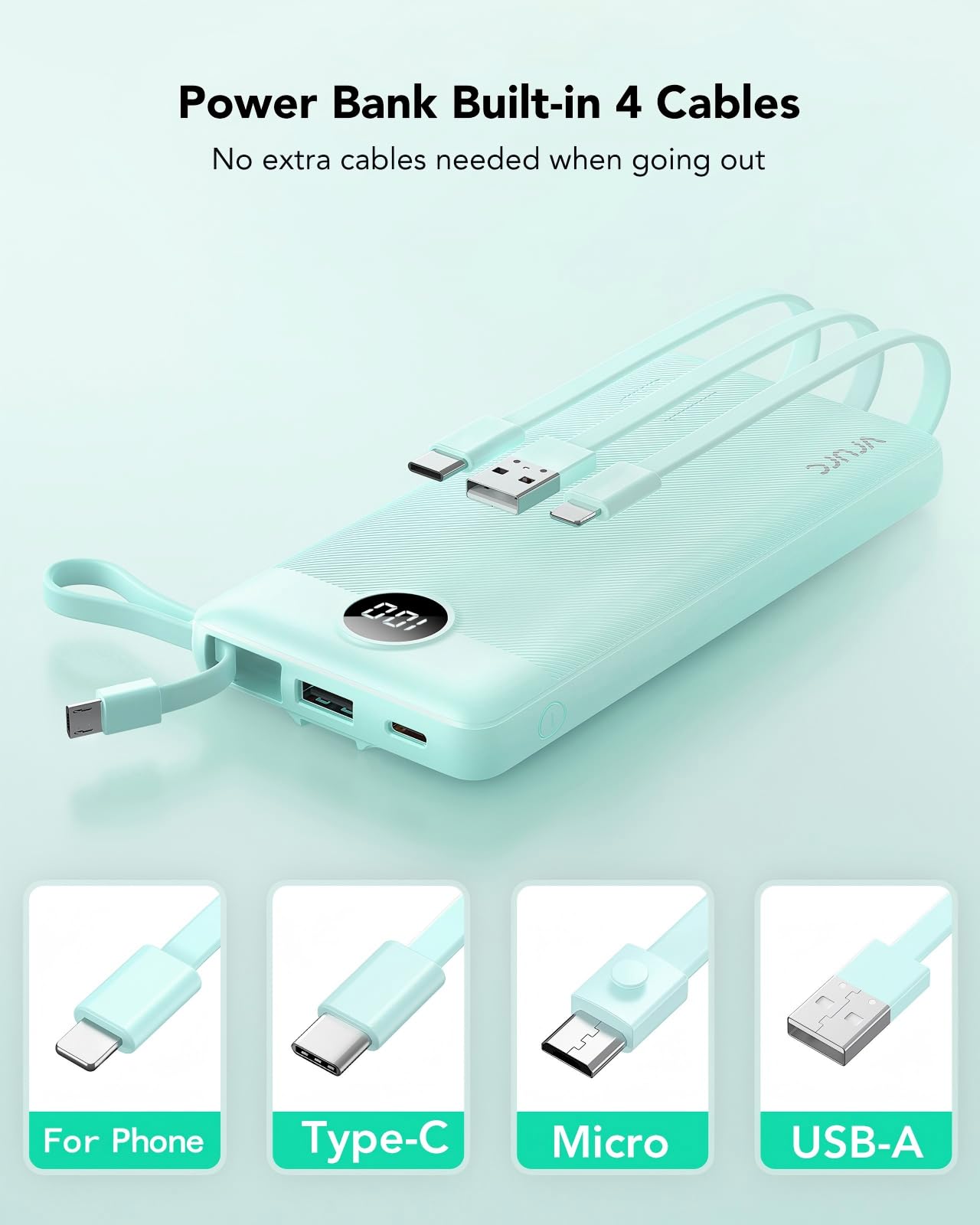 VRURC Portable Charger, Slim Power Bank Built-in 4 Cables, Travel Essential view 2