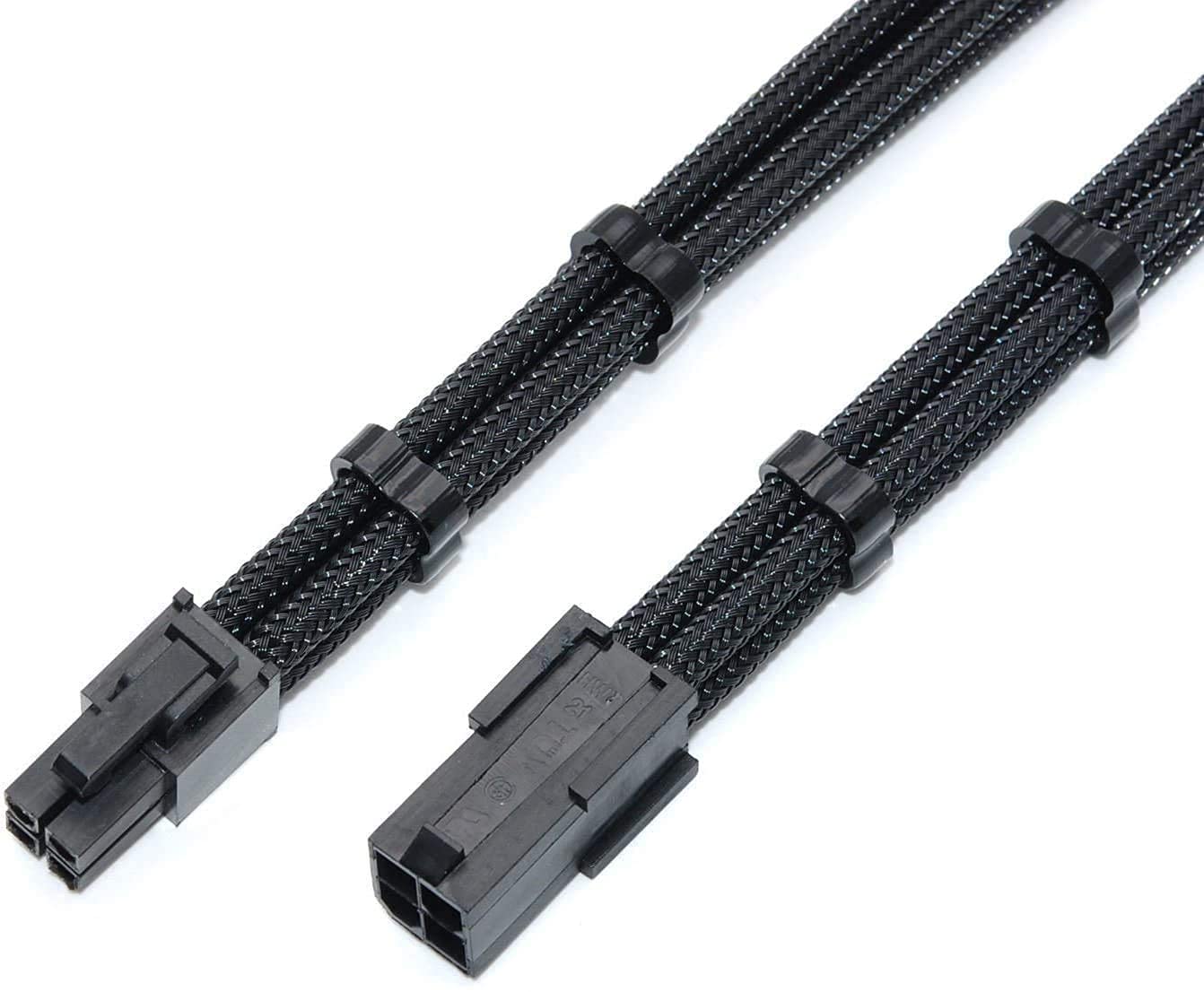 4 Pin ATX CPU Motherboard Sleeved Extension Cable 30cm + 2 Cable Combs (Full Black)