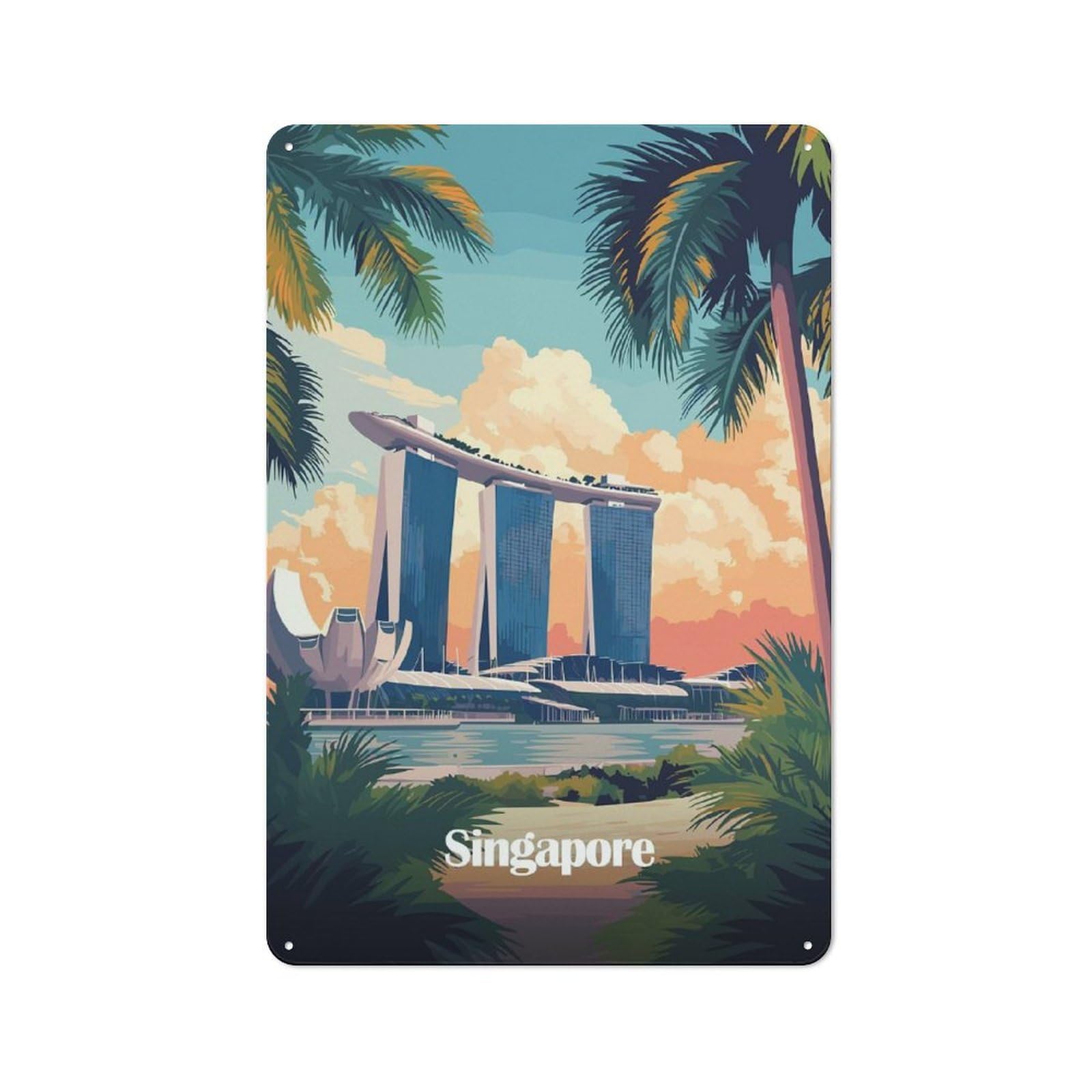 Junmoney Style-11 Singapore Skyline Art Print Rustic Metal Wall Decor 30X20cm, Decorative Metal Plaque For Shed, Garden Room, Porch Or Garage