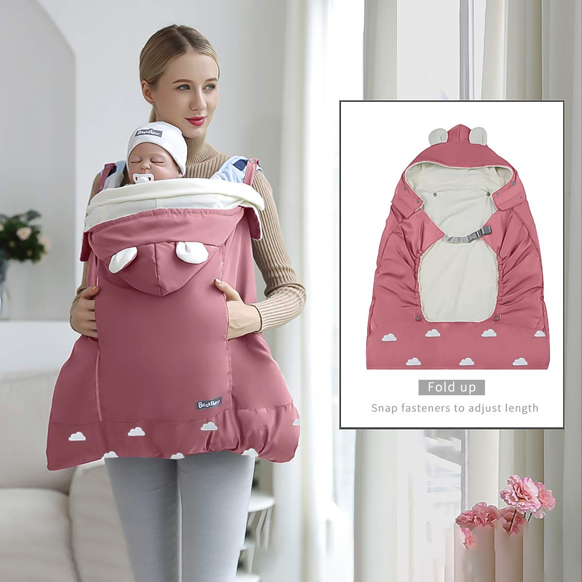 SONARIN Universale All Seasons Copertura per Marsupio,Copertina,mantello per l'inverno caldo,Sacco imbottito,antivento,Impermeabile,Cappello Staccabile(Rosa)