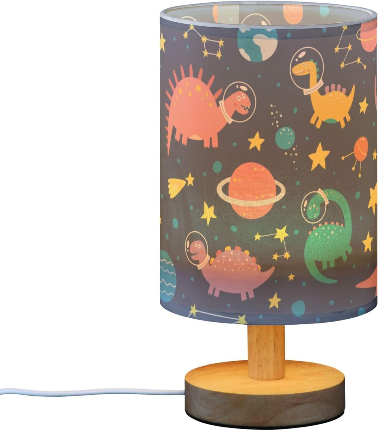 Space Dinosaurs Planets Stars Pattern Table Lamp with Wood Base Fabric Lamp Shade Bedside Nightstand Desk Lamp for Living Room Bedroom Kids Room Office