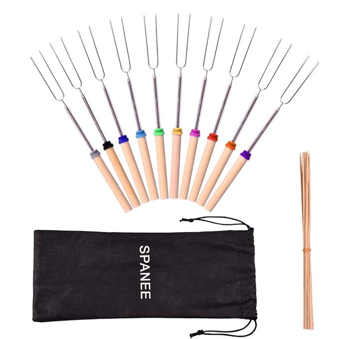 烧烤棉花糖烤叉 - 10支可伸缩不锈钢烤串棒