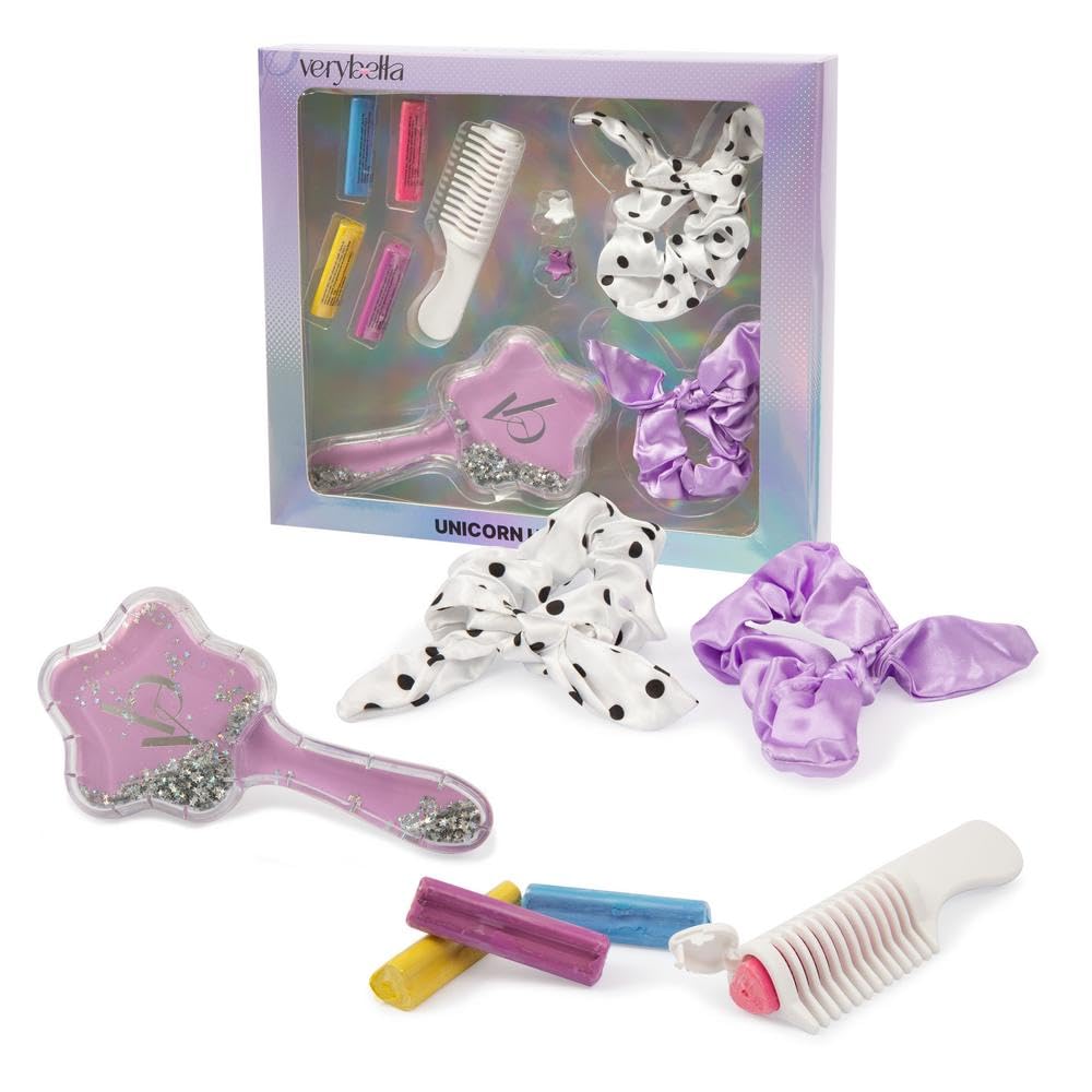 Verybella Unicorn Hair Set, Contains 2 Coloured Elastics, 1 Detangling Brush, 1 Comb, 2 Clips, 4 Hair Color Chalks for a Colourful Look