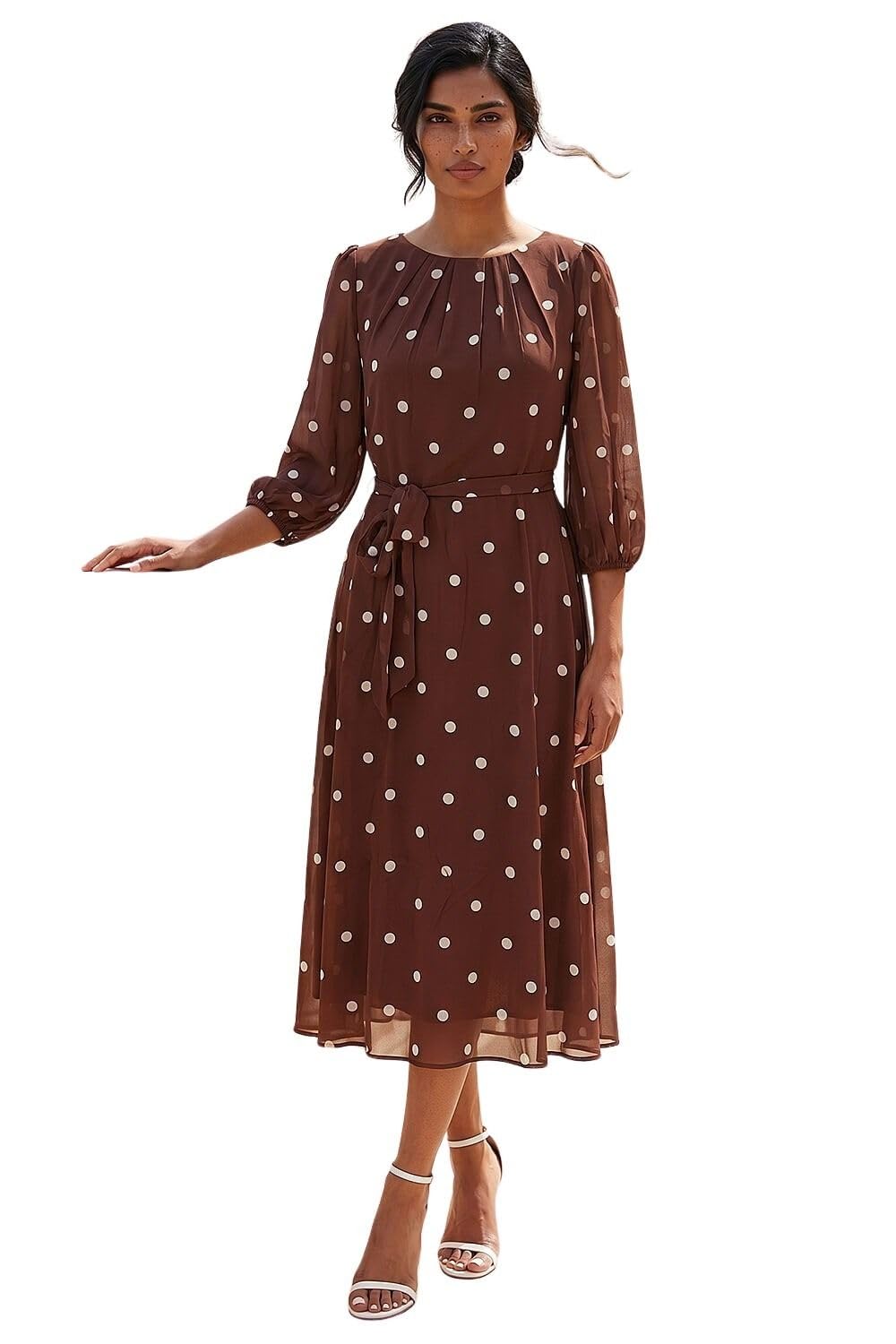 Roman Originals Women's Polka Dot Chocolate Roman Spot Print Chiffon Pleated Midi Dress For Uk Spring Everyday Summer Holiday Round Neckline Comfy 3/4 Sleeve Soft Fit & Flare Frock Dinner Date - Size 12