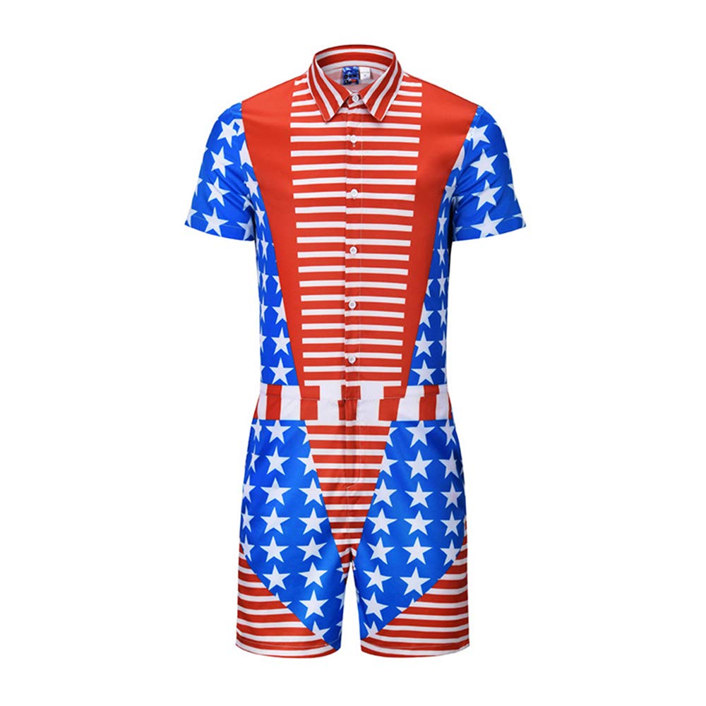 BaronHong Męskie śpioszki swobodne Star Stripes 3D grafika jednoczęściowe Button Down krótki rękaw kombinezon