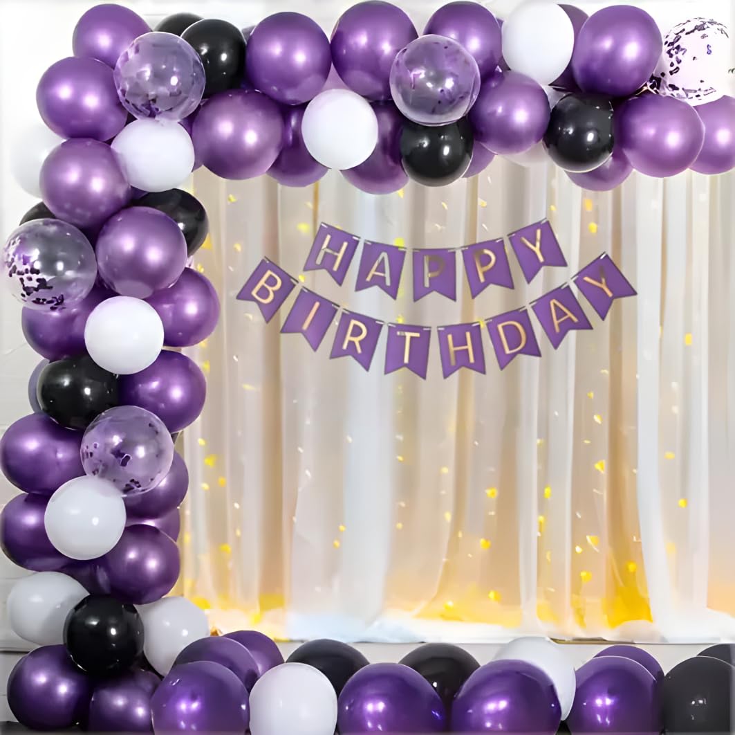 Premium Birthday Decoration Kit - Purple, Black, White Balloons With LED Net Curtain, Complete Party Decor Set, 56 Pcs-image-31