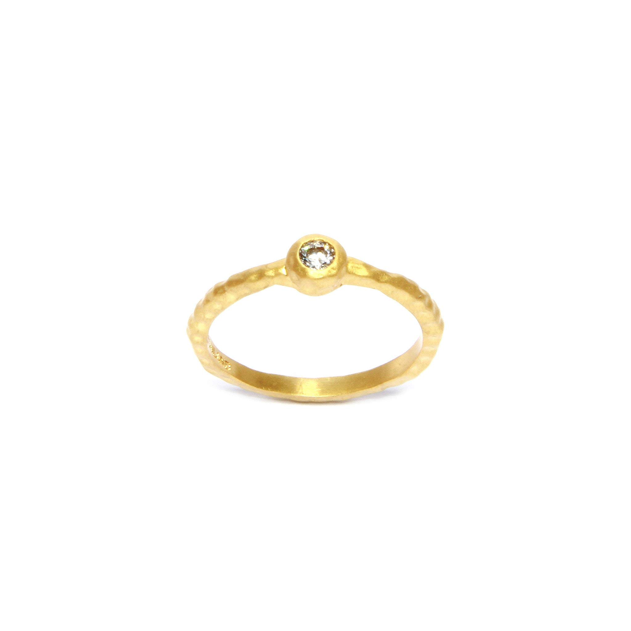 14k Gold Plated Brushed Hammered Ring with Bezel-Set CZ- Size 7