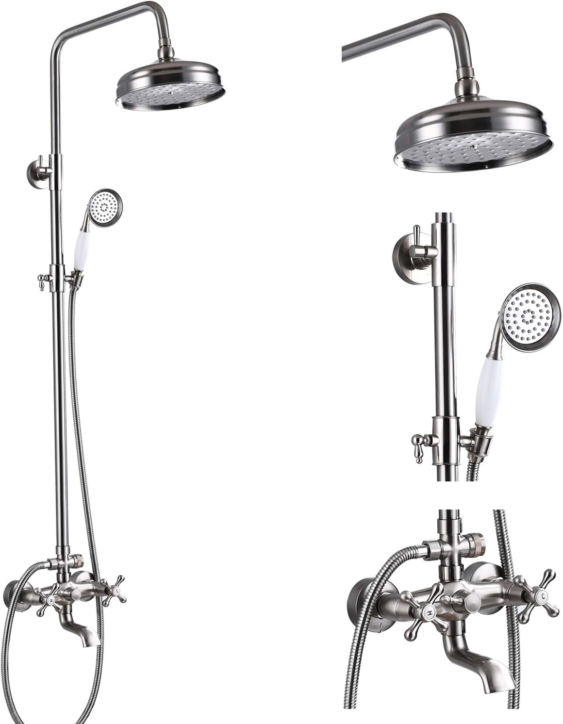 gotonovoBathroom Shower Faucet Rain Mixer 8 Inch Round Shower Head Double Cross Handle with Tub Spout Wall Mount Bathroom Shower Fixtures 3 Function Metal Handheld Sprayer Brushed Nickel