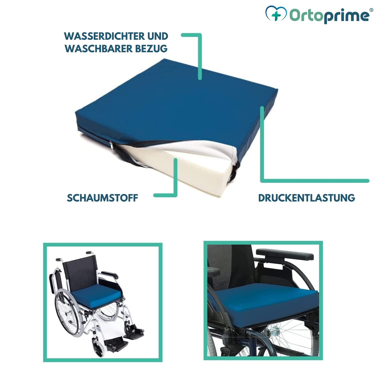 OrtoPrime Antidekubitus viskoelastisches Posturales Kissen - Orthopädisches Coxis-Entlastungskissen - Therapeutisches Memory Foam Sitzkissen - Geeignetes Sitzkissen für Rollstuhl, Zuhause & Büro