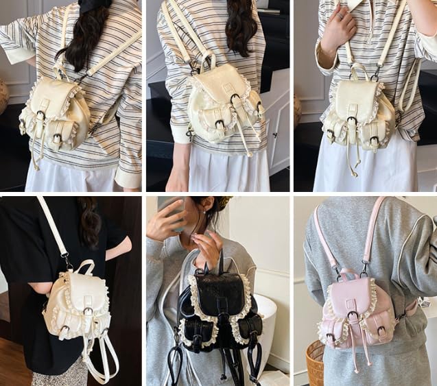 Mini Backpack Purse with Lace Trim, Faux Leather, Drawstring Closure, Fashionable and trendy school-style backpack (White)4