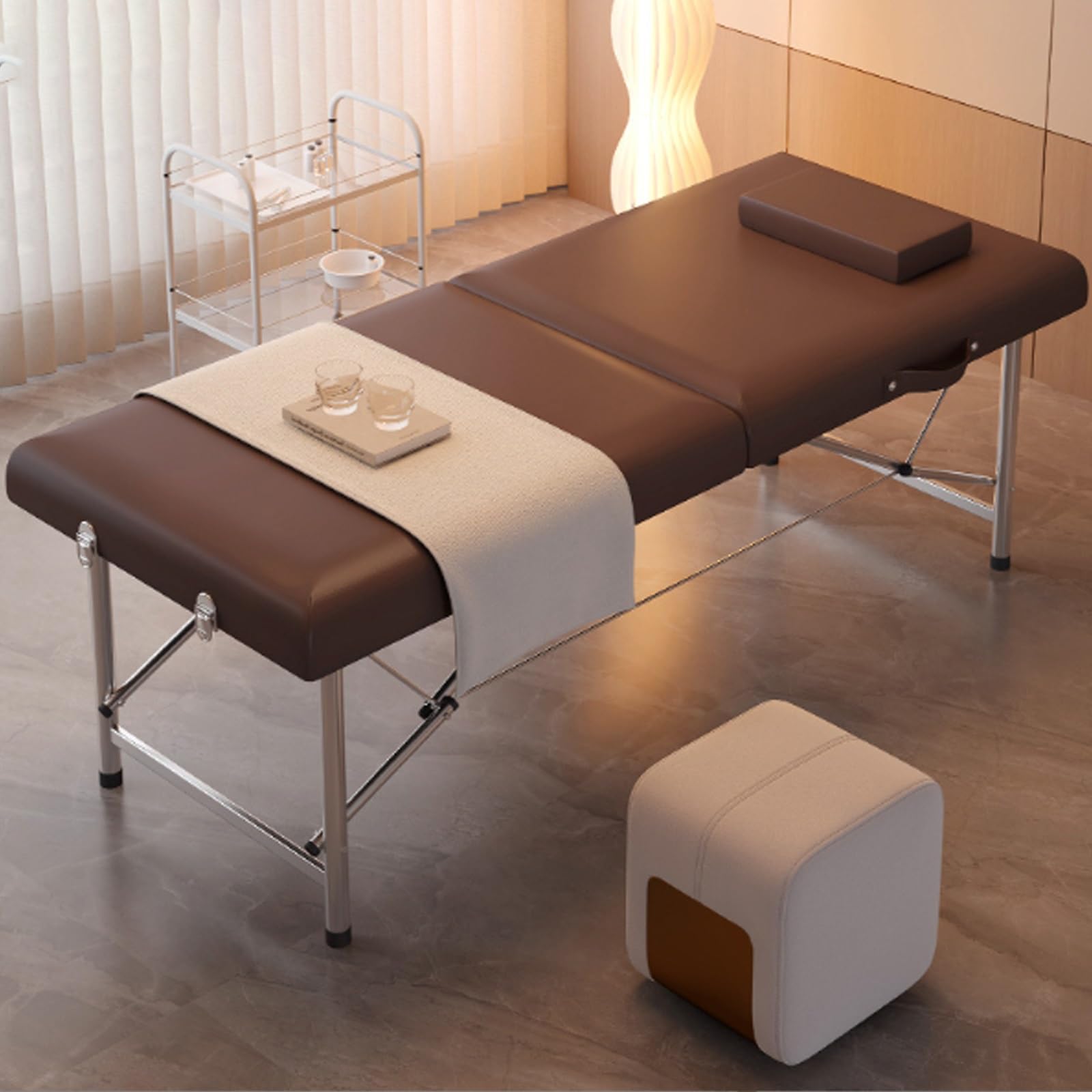 Lettino da massaggio Lettino estetica 2 sezioni Pieghevole portatile Struttura metallo Comodo Spugna Hotel Camera letto Spa Vacanza Casa Salone Lettino cosmetici(180x60 coffee color)