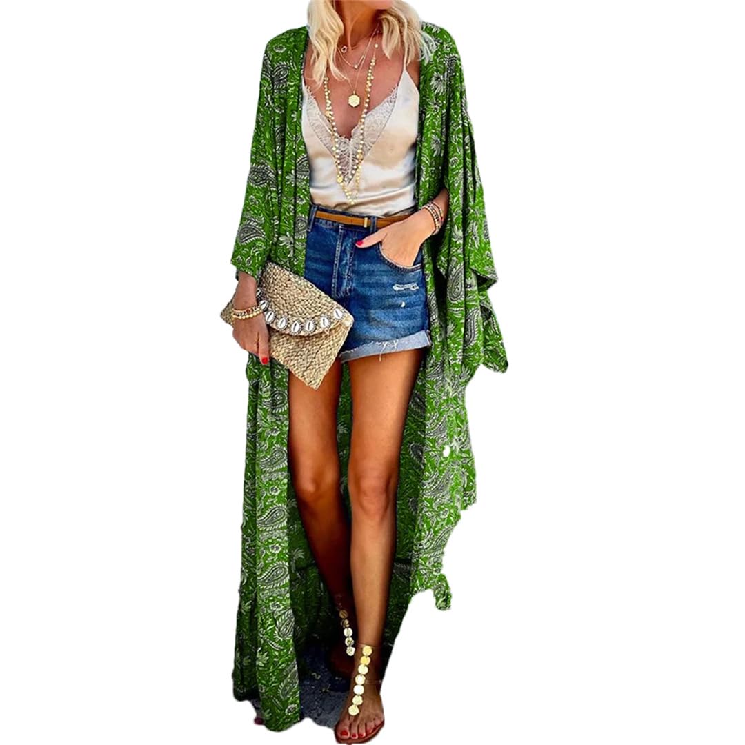 Wjnvfioo kimono lungo boho donna estate vintage stampato anteriore aperto manica larga tunica