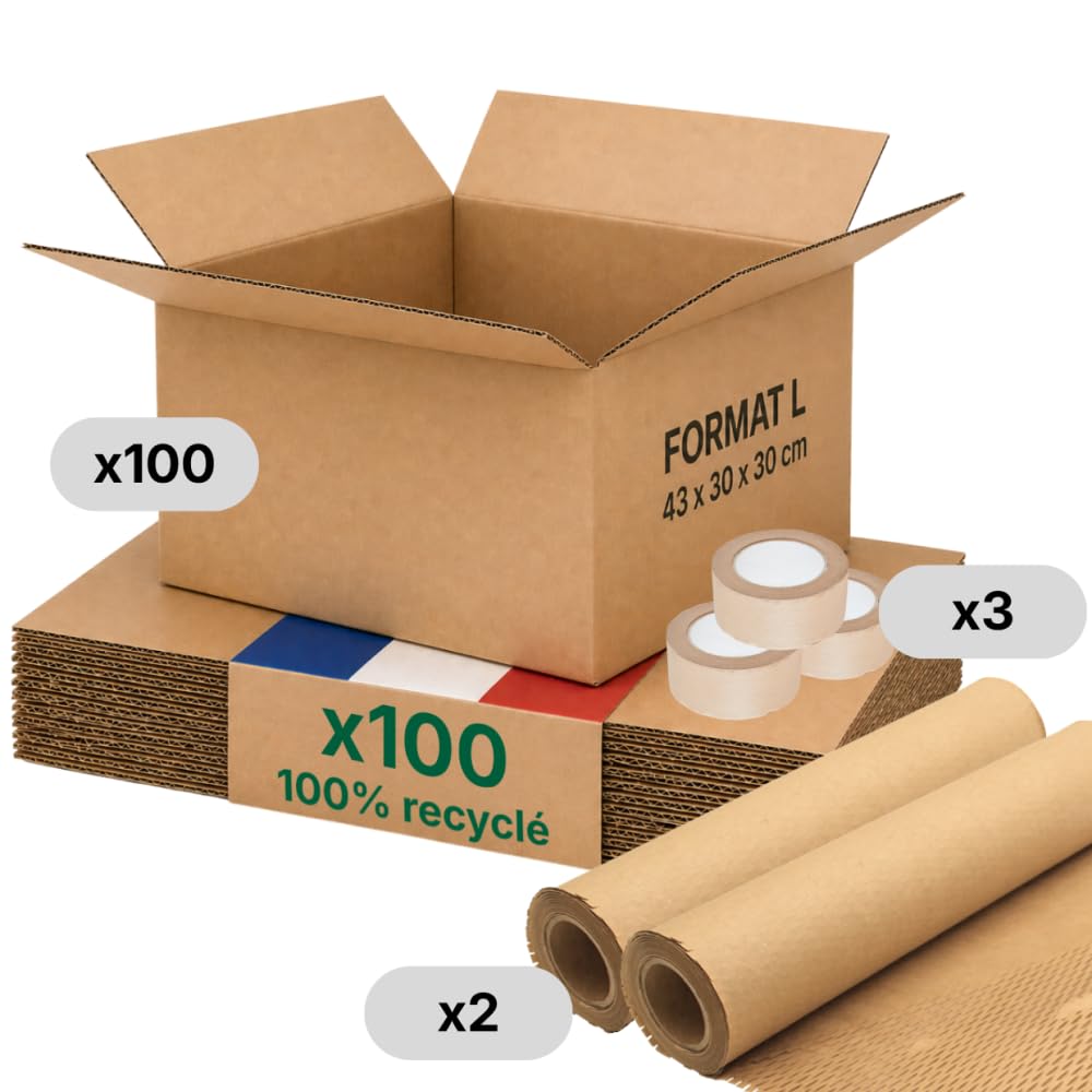 Opakowanie kartonowe L - Opakowanie 100 sztuk + ochrona papieru + klej papierowy - 43x30x30 cm - Wzmocniony - 100% nadający się do recyklingu - buty, pościel, e-commerce - Life Pack