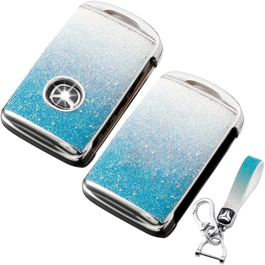 HIBEYO for Mazda Key Fob Cover Rhinestone Crystal Protection Key Case Compatible with Mazda 3 Alexa CX4 CX5 CX8 2019 2020 2021 2022 Keychain Key Holder -Gradient Blue