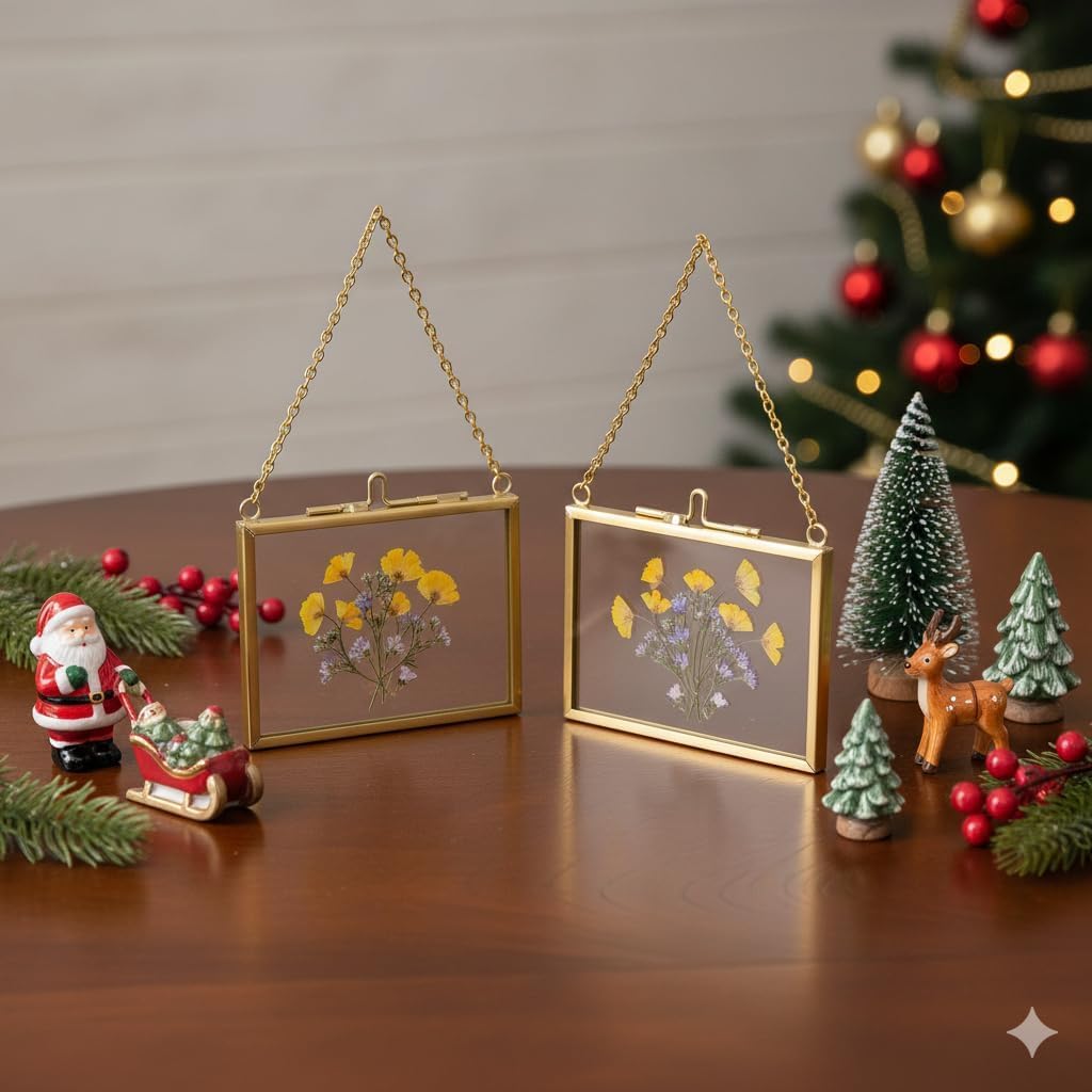 20 Pcs Double Glass Frame for Pressed Flowers,Floating Hanging Photo Christmas Ornaments Frame Brass Frames with Chain for Wall Display Gallery Artwork,Clear Vertical Horizontal Display for Botanical Art,Picture,Stamps,Gallery Decor,Gold