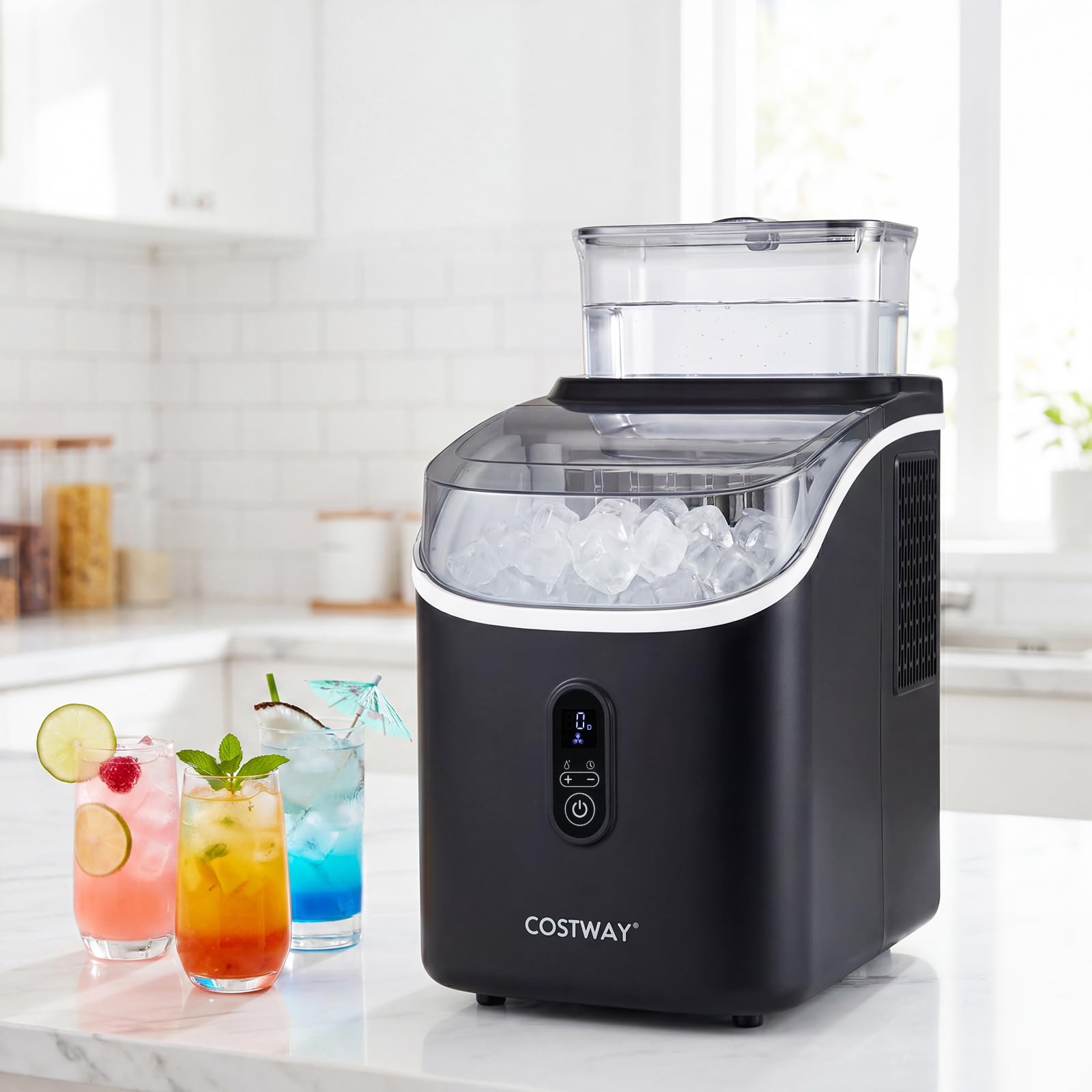 COSTWAY Machine a Glacons de Comptoir pour Maison, Bureau, Bar (Noir) | Machine à Glace, 15 kg/24h, 16 Glaçons Carrés en 13 Min, 13 Épaisseurs Réglables, Auto-Nettoyage, Minuterie 24h, Silencieuse