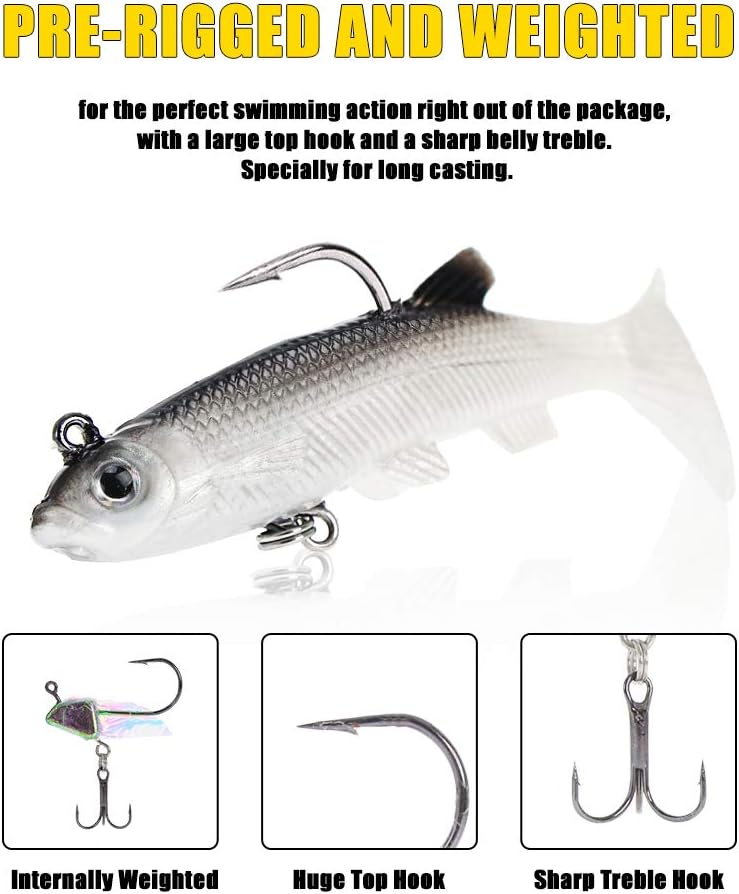 Soft Fishing Lures Pre-Rigged Soft Plastic Lures 10 Pack Jighead Swimbait for Bass Trout Pike