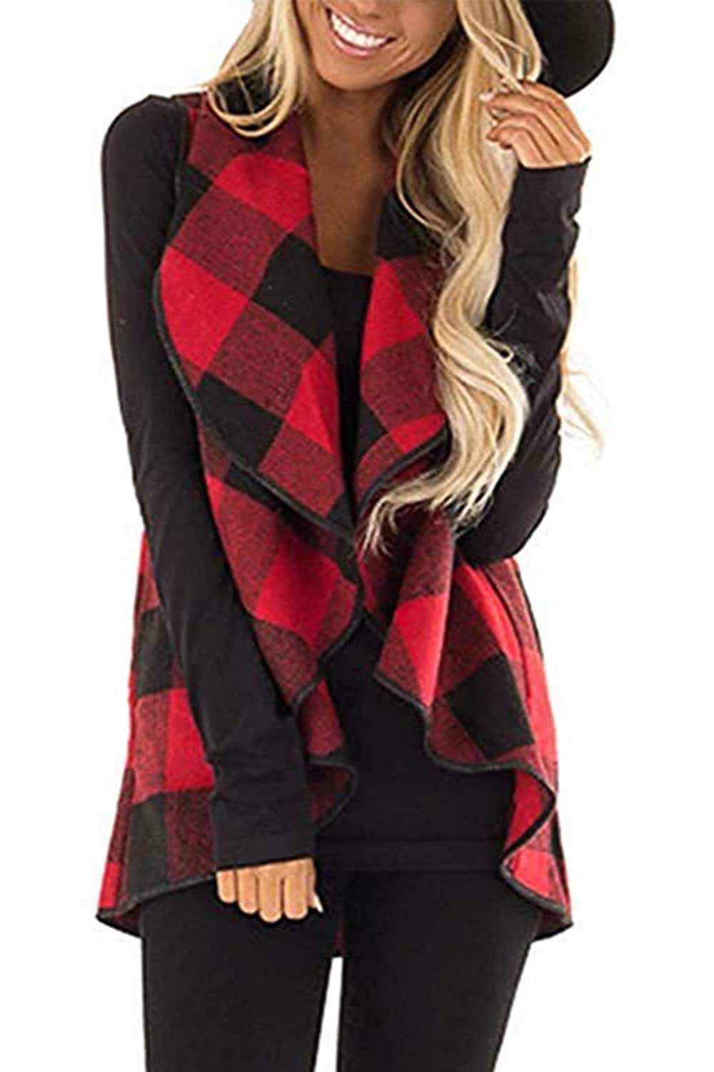 YACUN Women Plaid Vest Lapel Open Front Sleeveless Cardigan