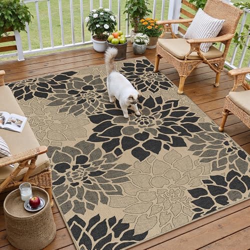 4x6 Easy Jute Outdoor Rug Black Floral Textured Indoor Outdoor Area Rug Farmhouse Patio Carpet for Backyard, Patio, Porch, Easy-Cleaning, High Traffic