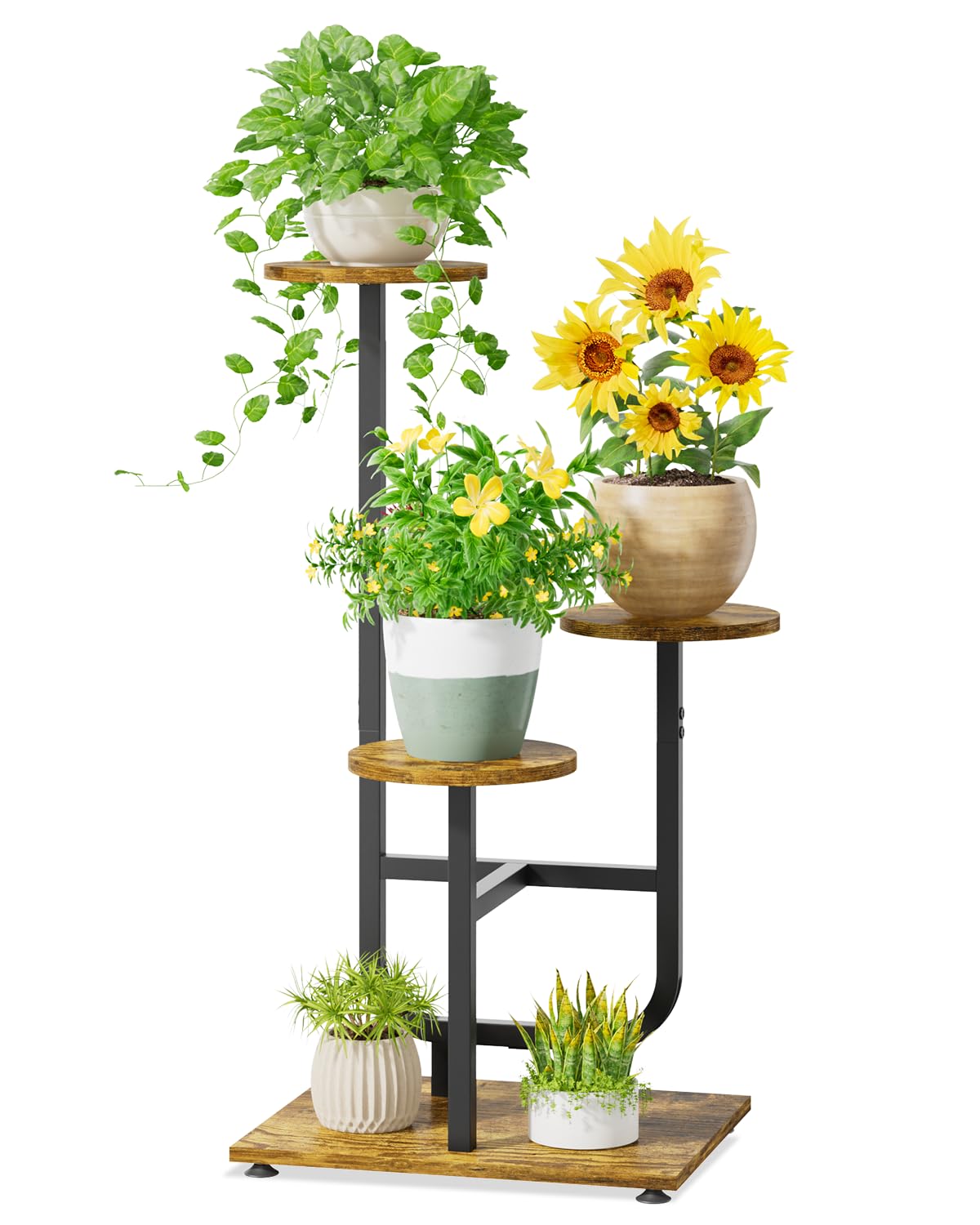 iDavosic.ly Plant Stand Indoor with Wooden Trays, 3 Tier Shelf, Black Brown