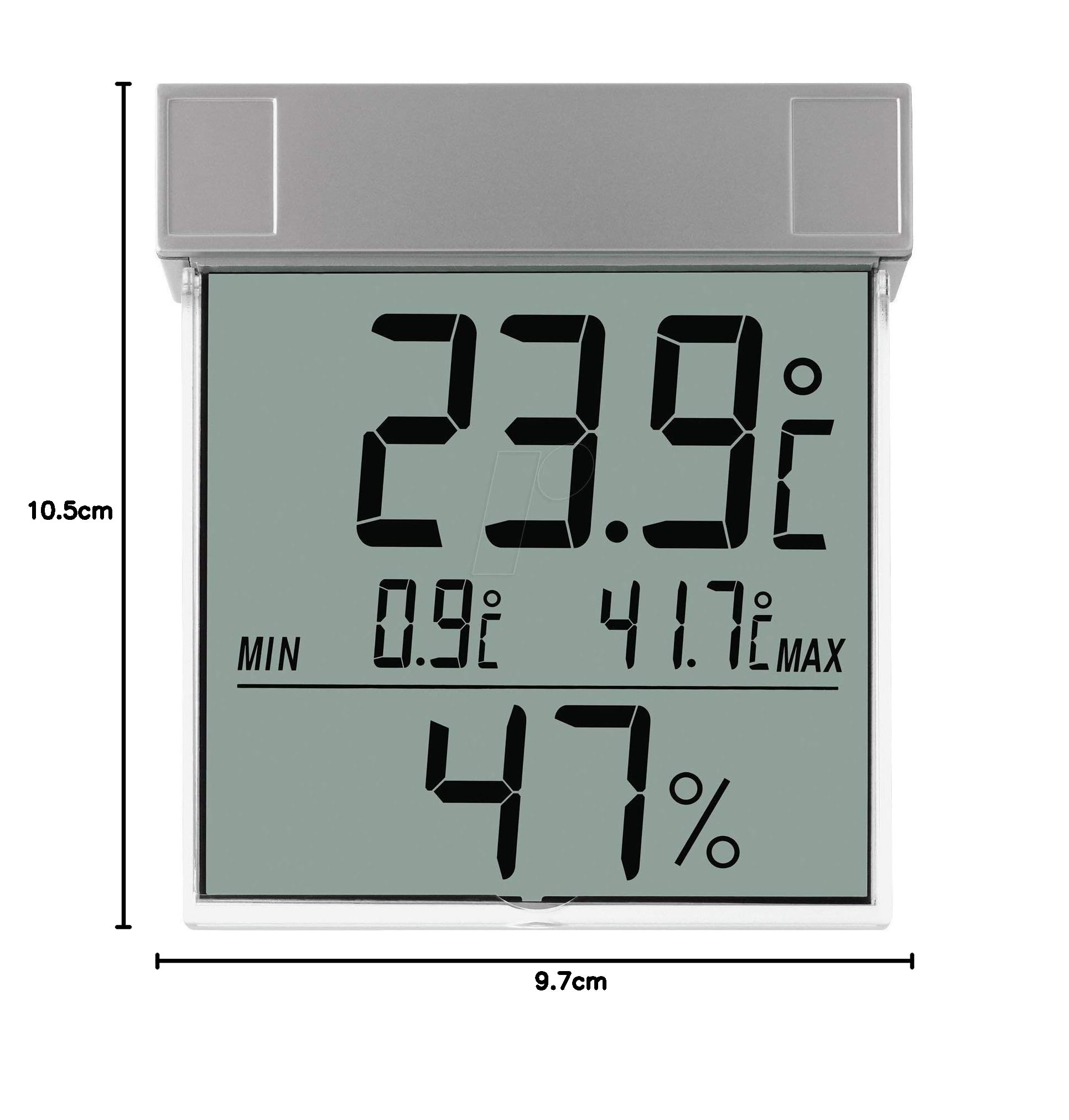 TFA Dostmann Digitales Fenster-Thermo-Hygrometer Vision, 30.5020,mit Außentemperatur und Luftfeuchtigkeit außen, wetterfest, großes Display, silber
