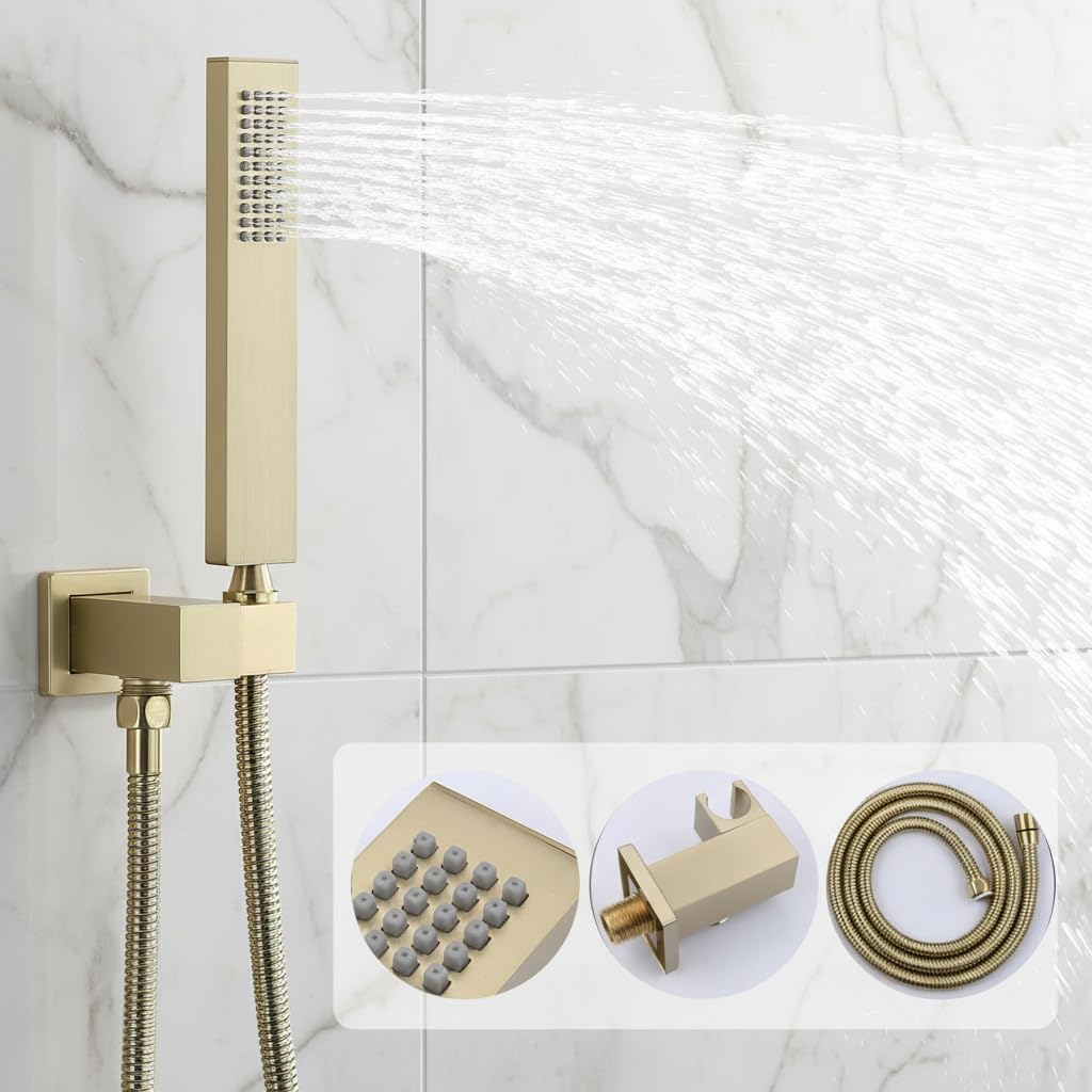 Brushed Gold Shower System Digital Temperature Display Shower Faucet Set with 12 inch and 8 inch Full Body Shower Head, with 6 PCS Body Jet and Handheld Spray