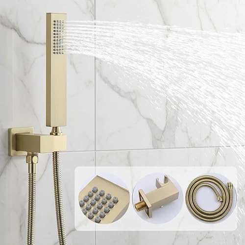 Miniatura 5 de Sistema de ducha termostático de oro cepillado, juego de grifo de ducha de 12 pulgadas montado en la pared, sistema de ducha de lluvia de cuerpo Oro