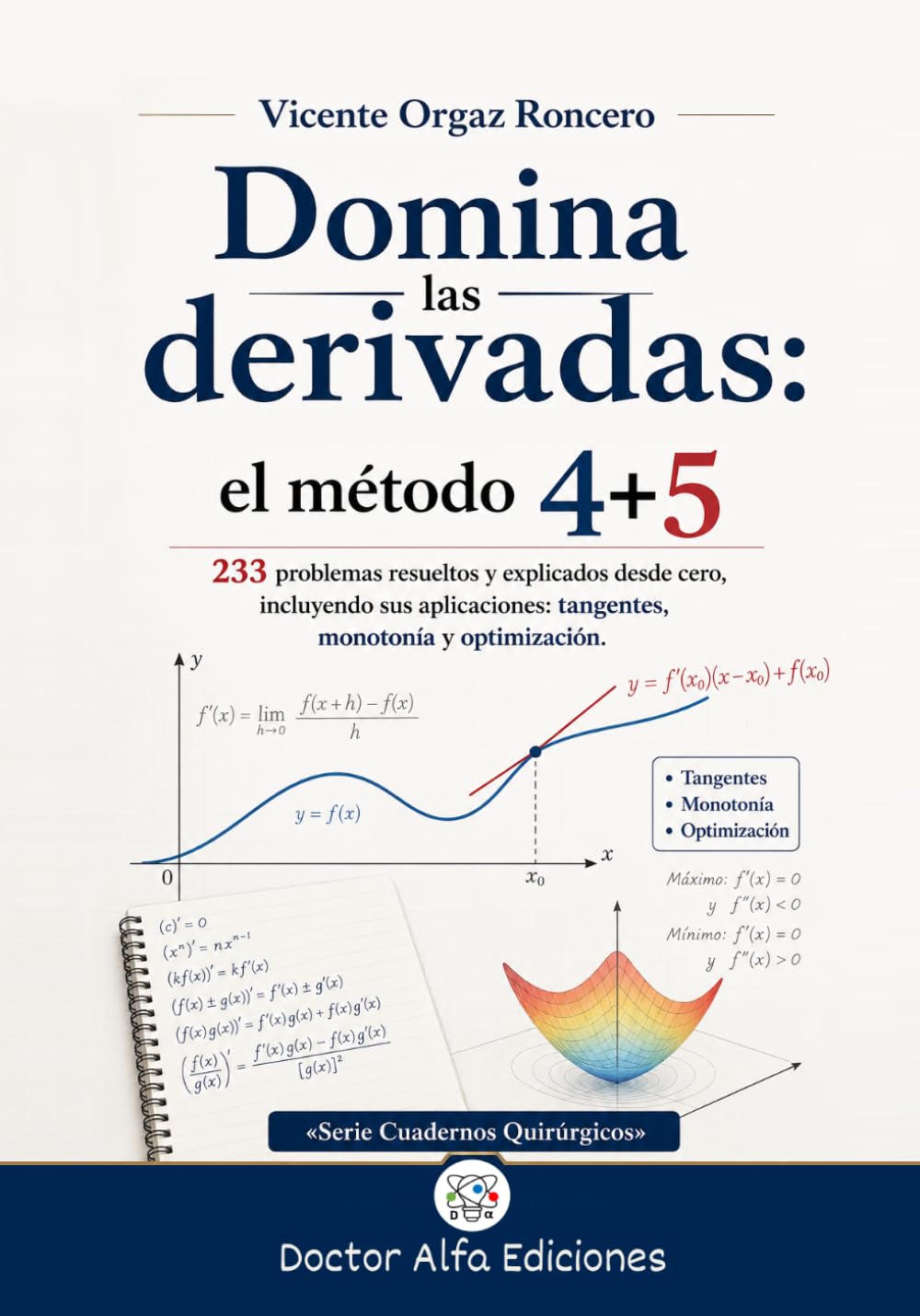 Domina las derivadas: el método 4+5: 233 problemas resueltos y explicados desde cero, incluyendo sus aplicaciones: tangentes, monotonía y optimización. (Serie Cuadernos Quirúrgicos)