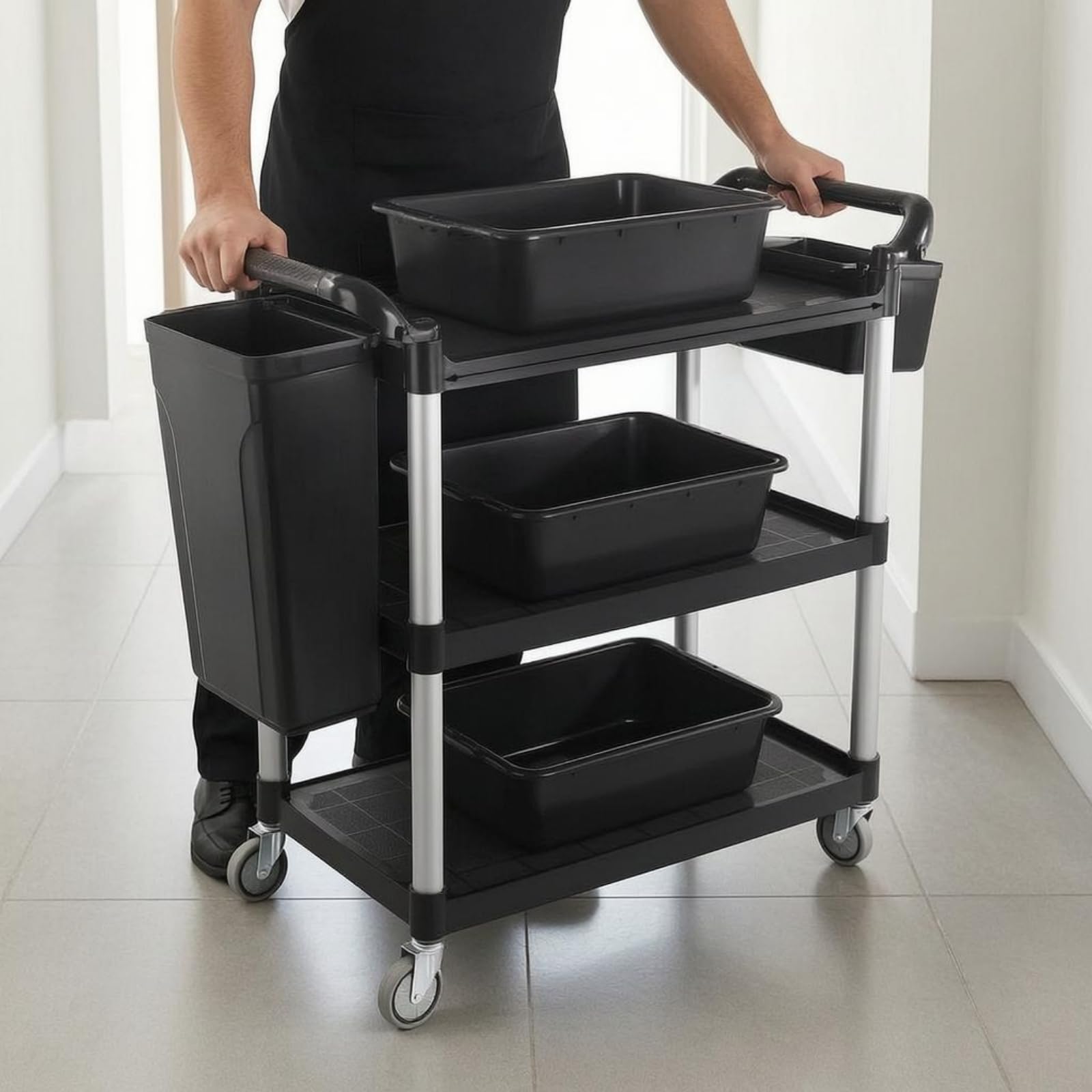 predolo Carro Camarero Triple Niveles Gran Capacidad Carro Servicio con Ruedas Multiuso Mueble Rodante para Restaurante, Gris, Grande, Tres Cubetas, Dos Cubos, Ruedas Silenciosas