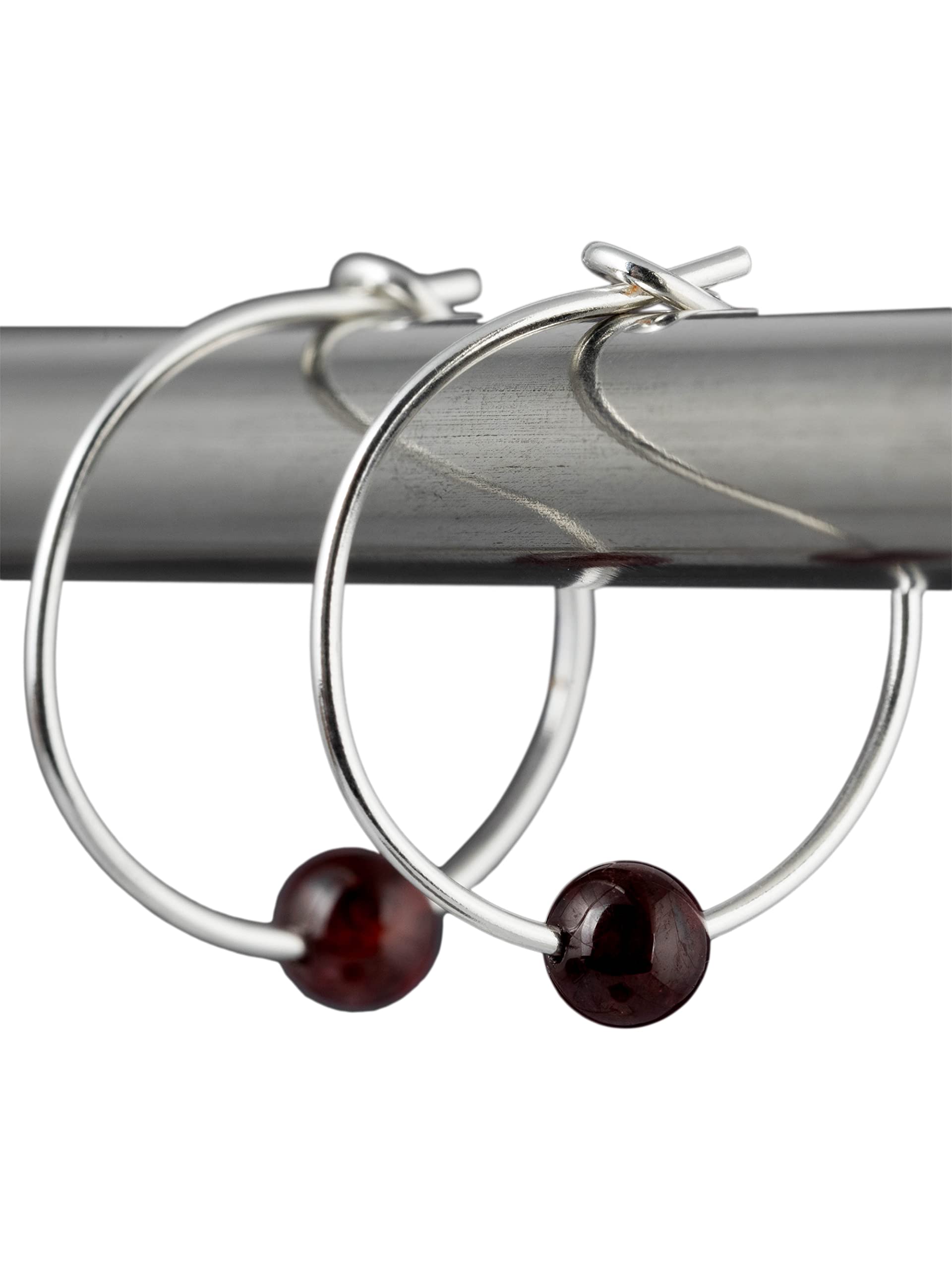 Small Garnet & 15mm Sterling Silver Hoop Earrings with Gift Box, Handmade