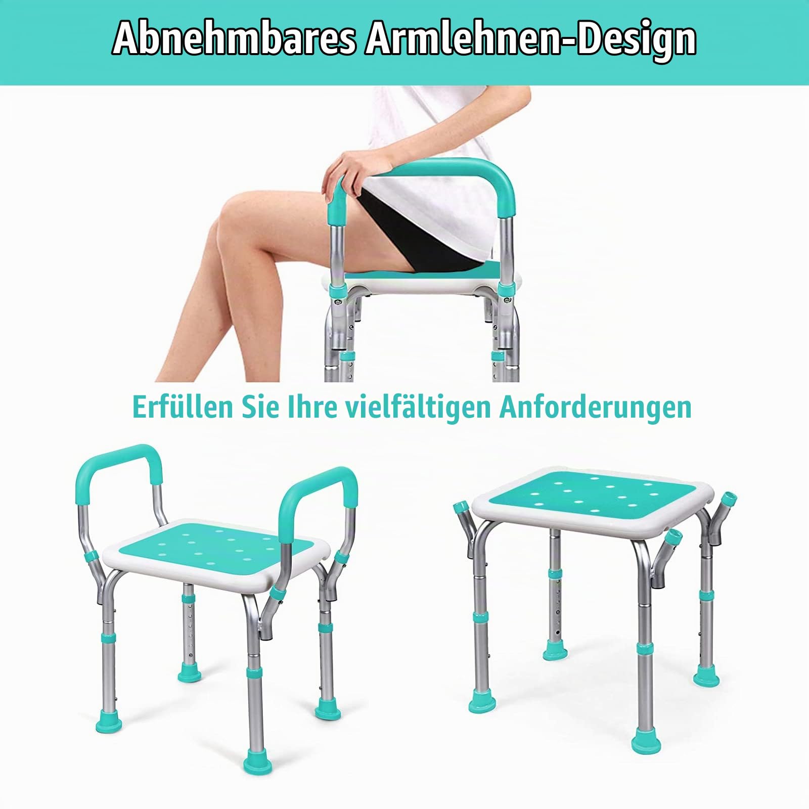 Duschhocker HöHenverstellbar, Verstellbarer Duschstuhl mit Armlehne, maximale Belastung 150 kg Rutschfester Badestuhl für Behinderte und Senioren