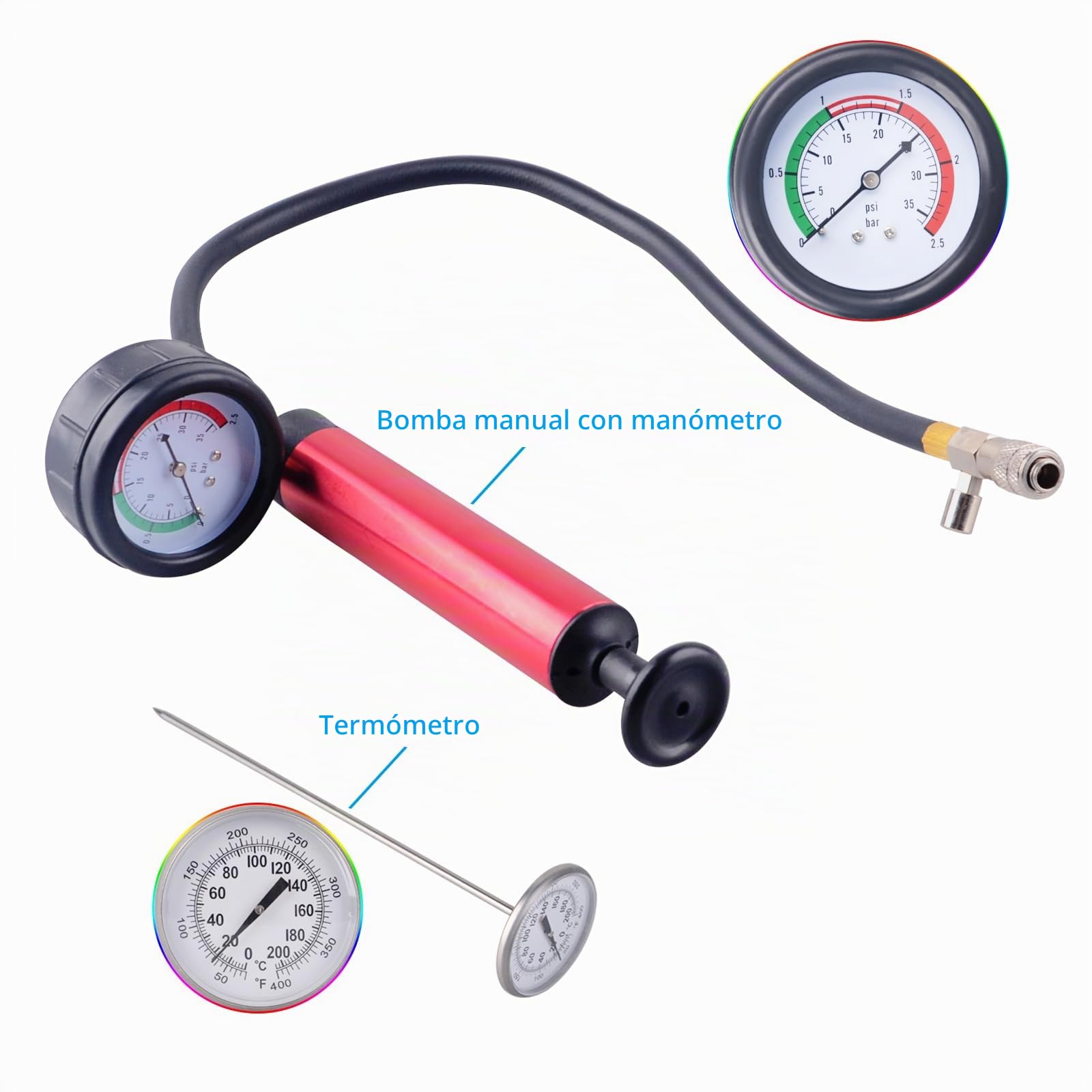 Kit de comprobador de presión de radiador de sistema de refrigeración automotriz de aluminio, 14 piezas