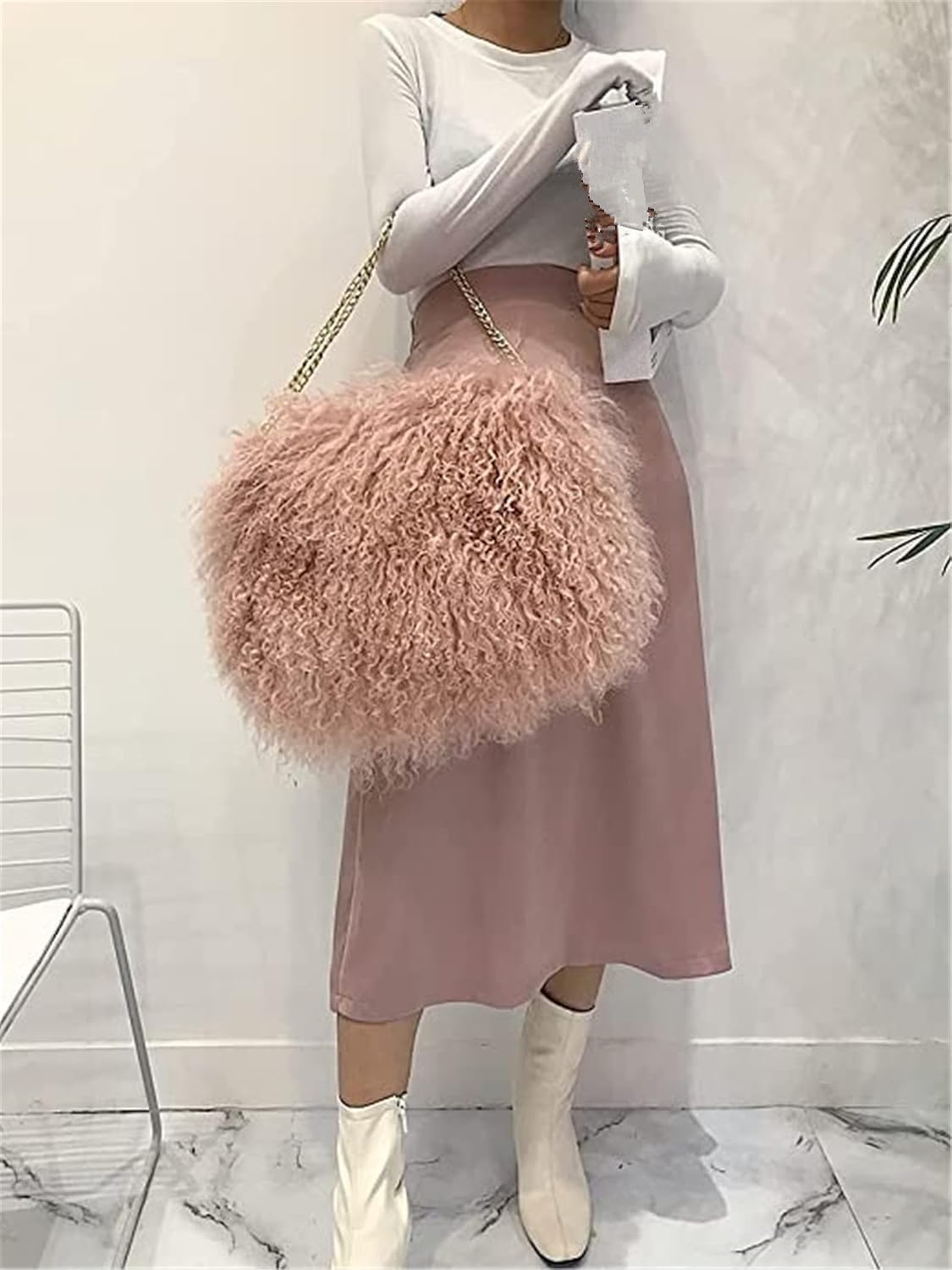 ME-01 Big Fluffy Handbag With Real Mongolian Lamb Fur Luxury Shoulder Bag Furry Clutch For Women