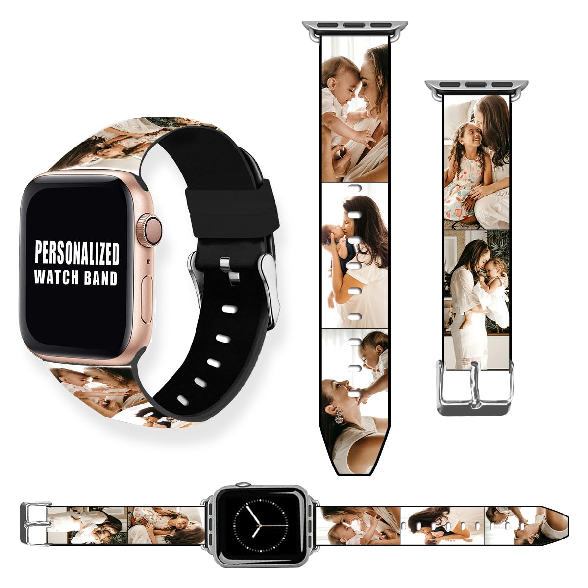 Custom Bands for Apple Watch 38mm 40mm 41mm 42mm 44mm 45mm 49mm Personalized Photo Logo Picture Image Text Name Black White Soft Silicone Strap for