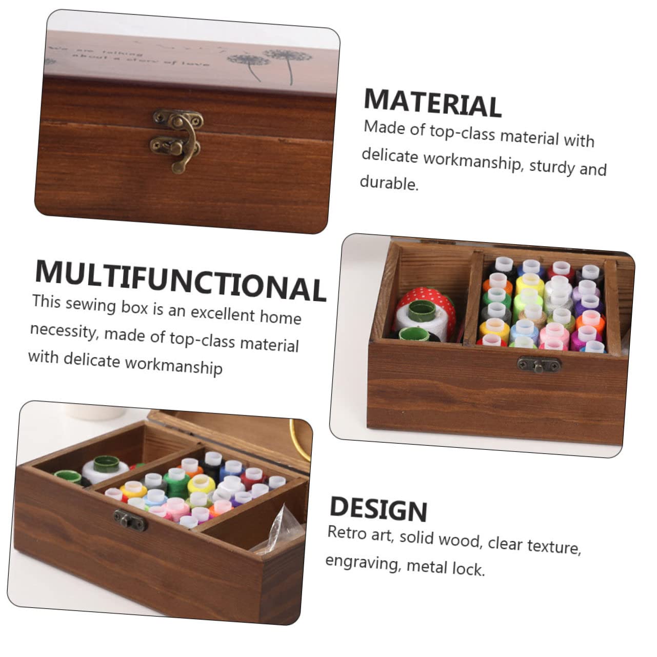 1pieza Caja De Almacenamiento Multifuncional De Madera Para Costura Organizador Retro De Accesorios Para Hogar Para Hilo y Aguja Diseño Grabado y Cerradura Metálica