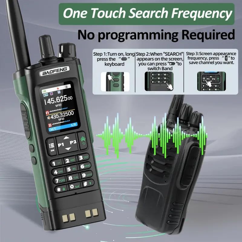 BAOFENG UV-32 demonstrating one-touch search frequency feature.